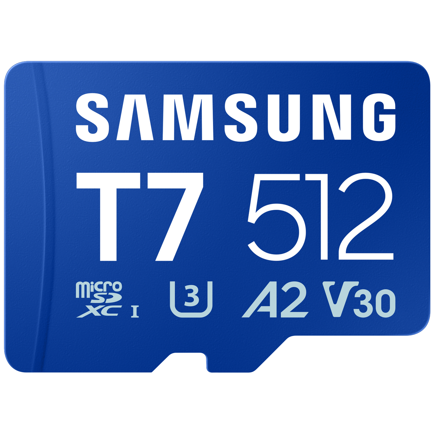 Blauwe Samsung T7 512 Micro-SDXC I A2 V30 geheugenkaart.