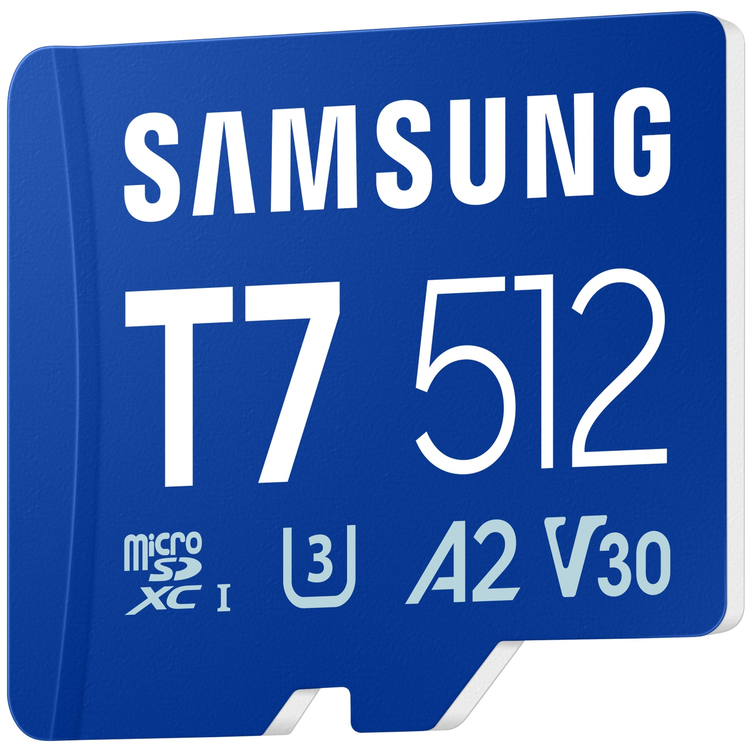 Samsung T7 512GB MicroSDXC kaart met A2 V30 snelheidsclassificatie.