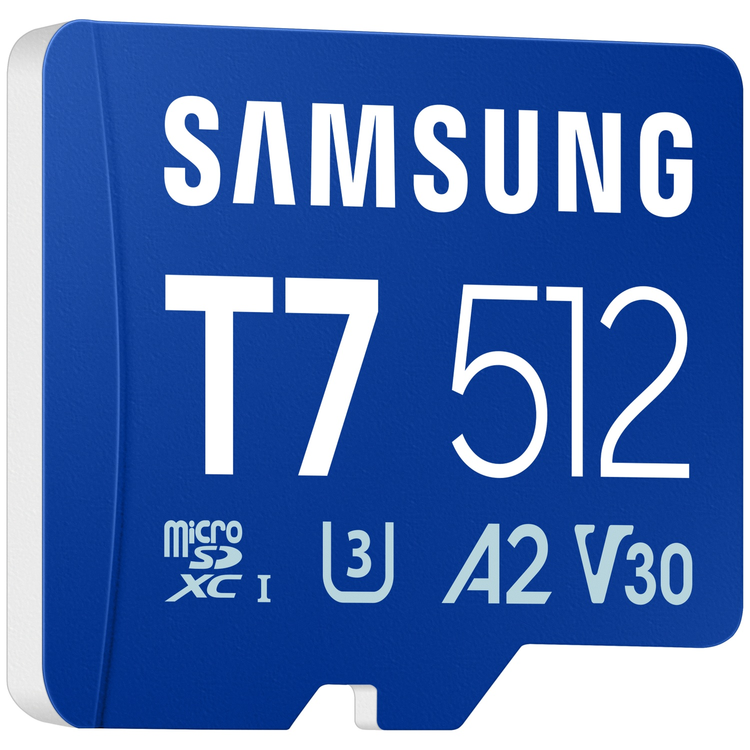 Samsung T7 512GB MicroSDXC kaart met A2 V30 snelheidsclassificatie.
