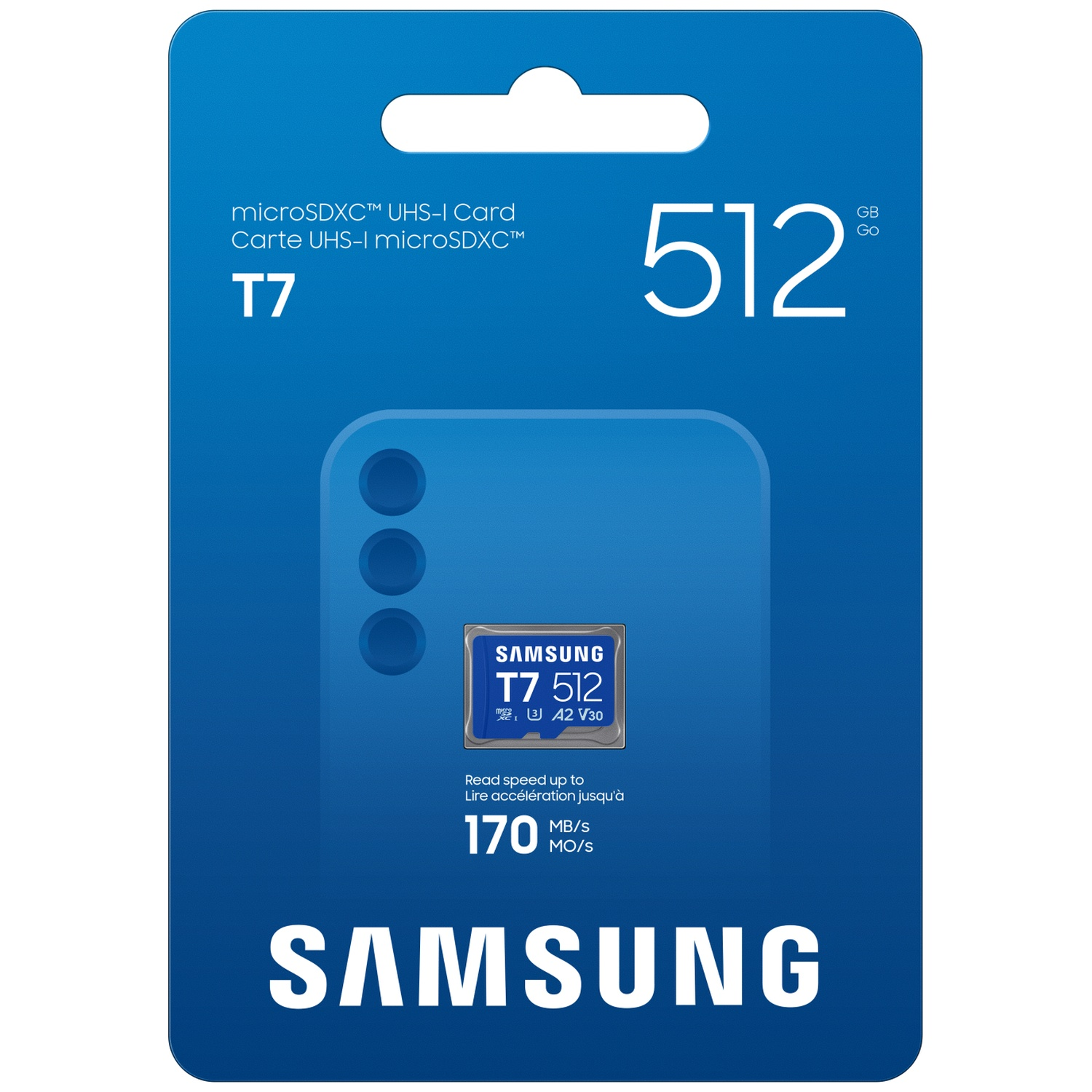 Samsung T7 microSDXC 512GB kaart in blauwe verpakking met snelheidsdetails.