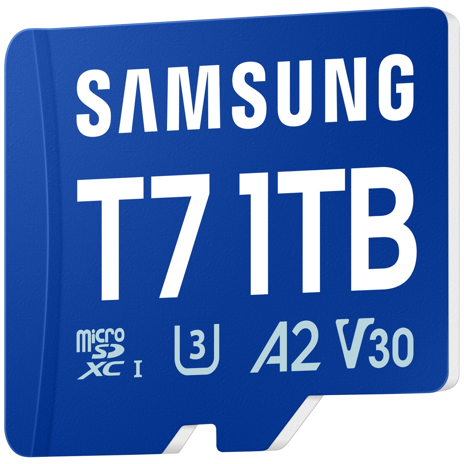 Blauwe Samsung 1TB MicroSDXC geheugenkaart met T7, A2, V30.