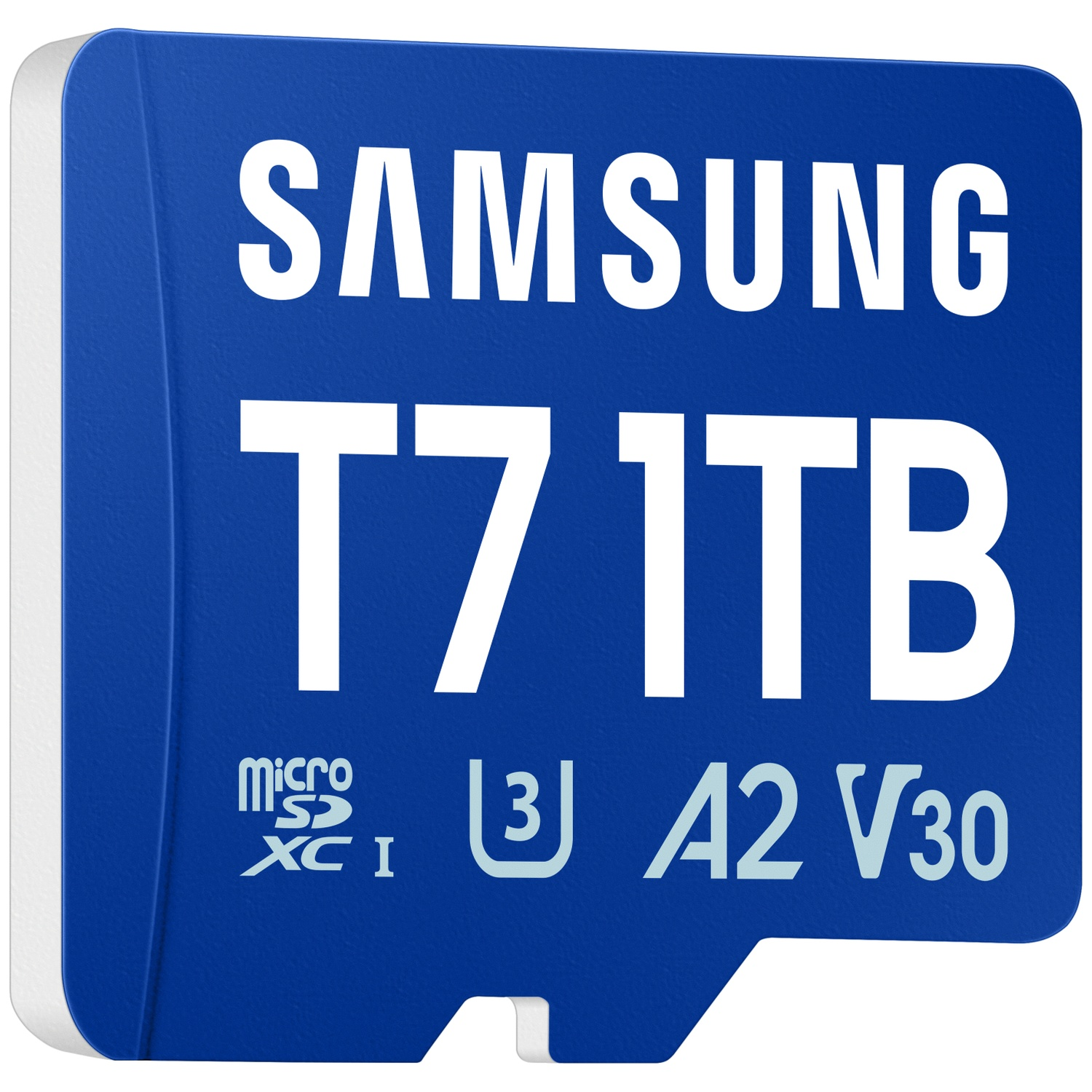 Blauwe Samsung T7 1TB MicroSDXC A2 V30 geheugenkaart met witte randen.