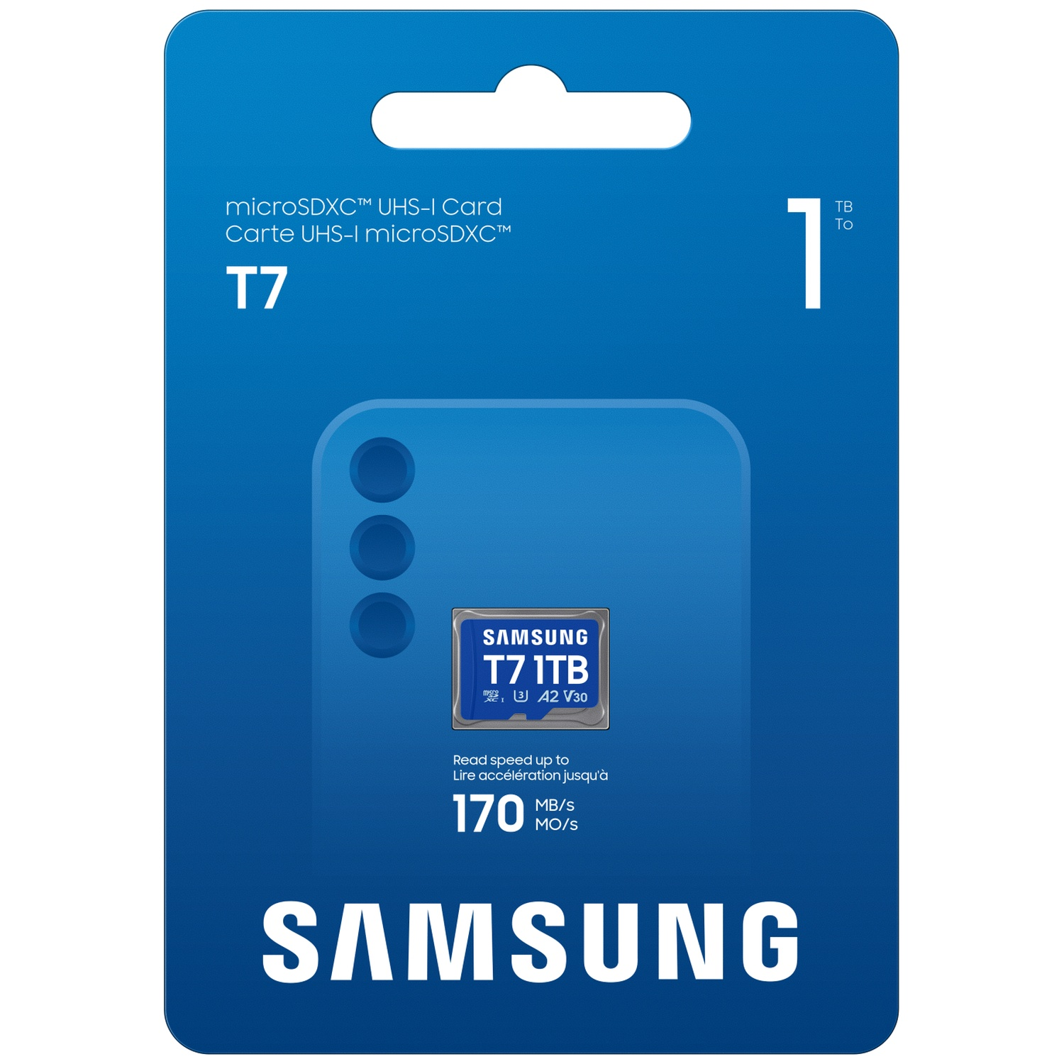 Samsung microSDXC T7 1TB geheugenkaart met 170 MB/s leessnelheid.