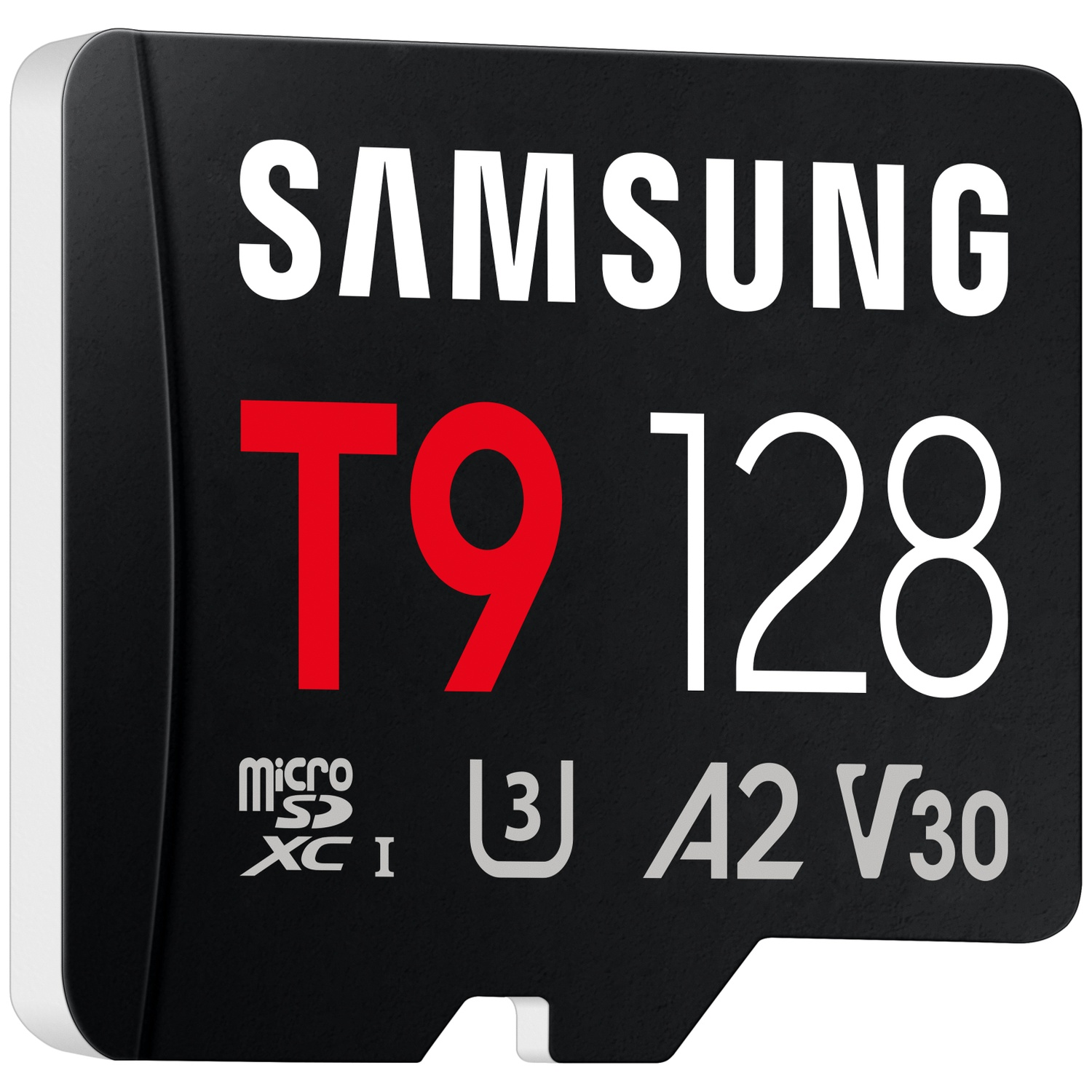 Samsung T9 128GB MicroSDXC kaart met A2 V30 specificaties.