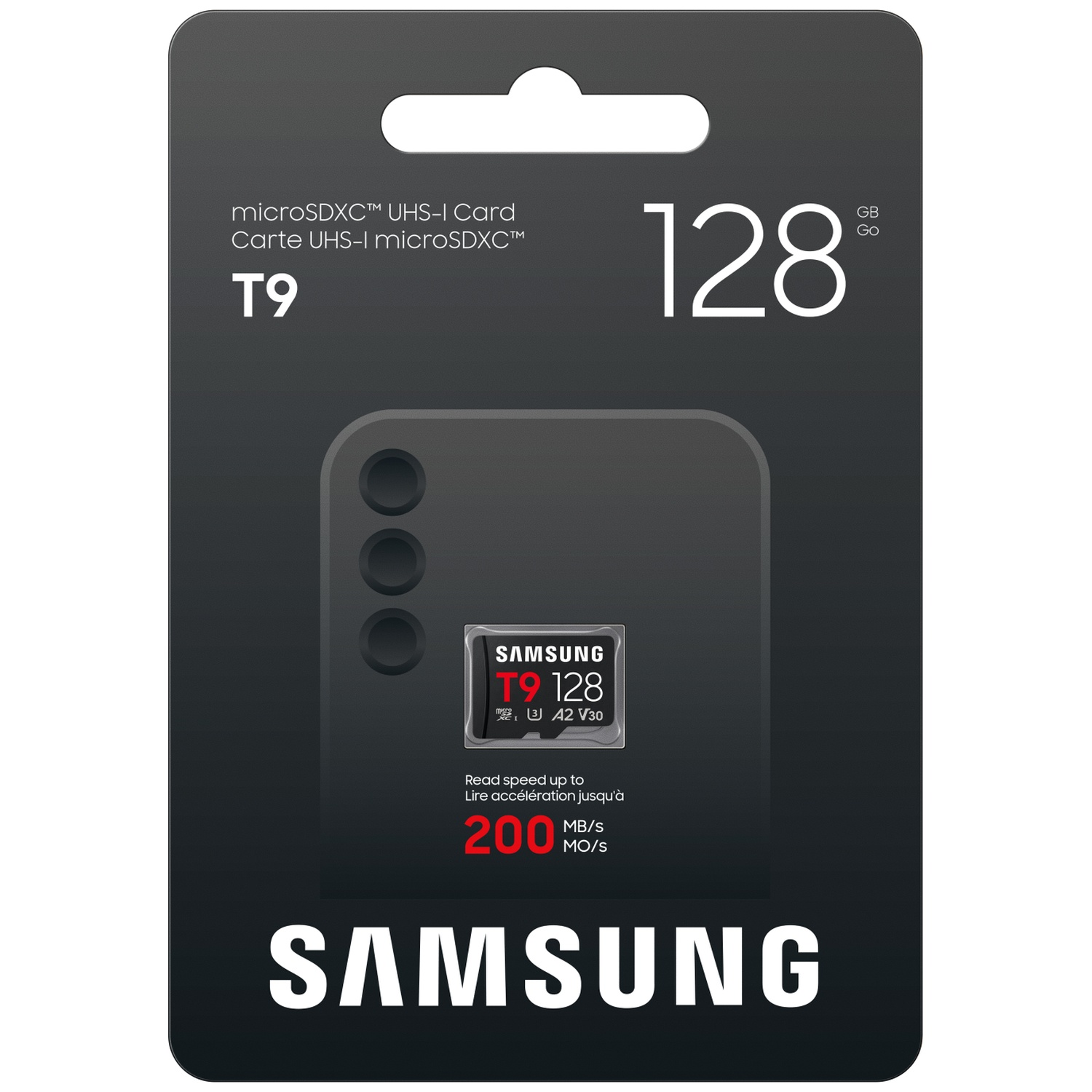 Samsung microSDXC T9 128GB kaart met 200MB/s leessnelheid.