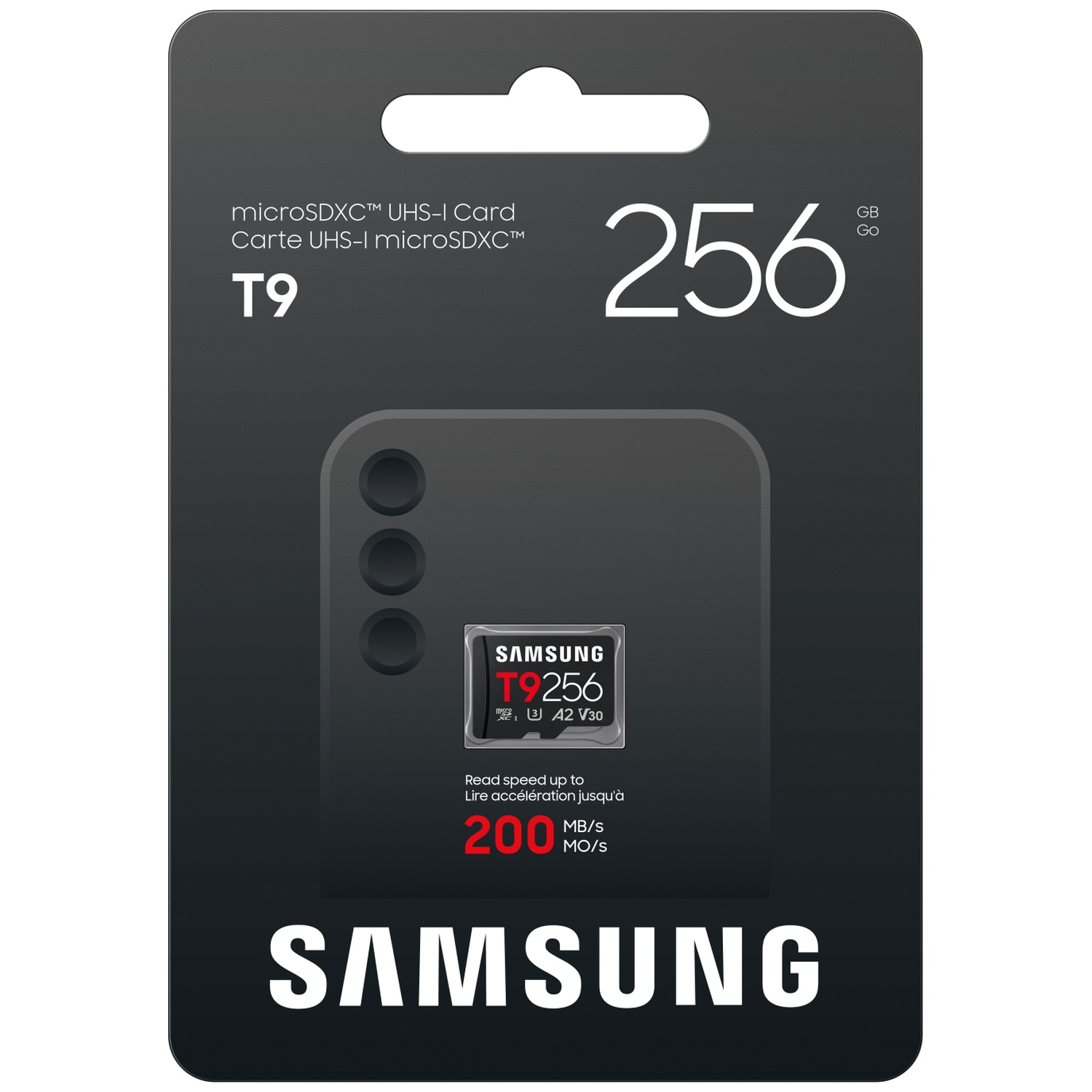 Samsung microSDXC T9 256GB geheugenkaart met 200 MB/s leessnelheid op zwarte verpakking.