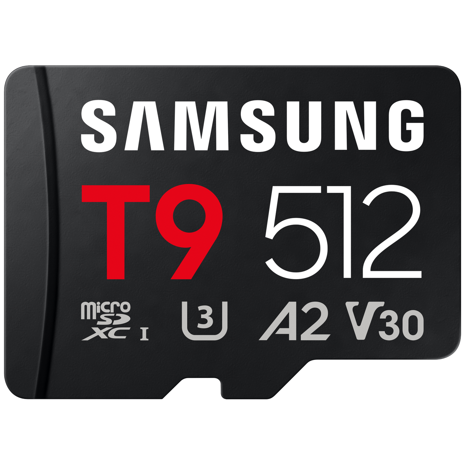 Carte mémoire noire avec T9 rouge et 512 blanc, A2, V30.