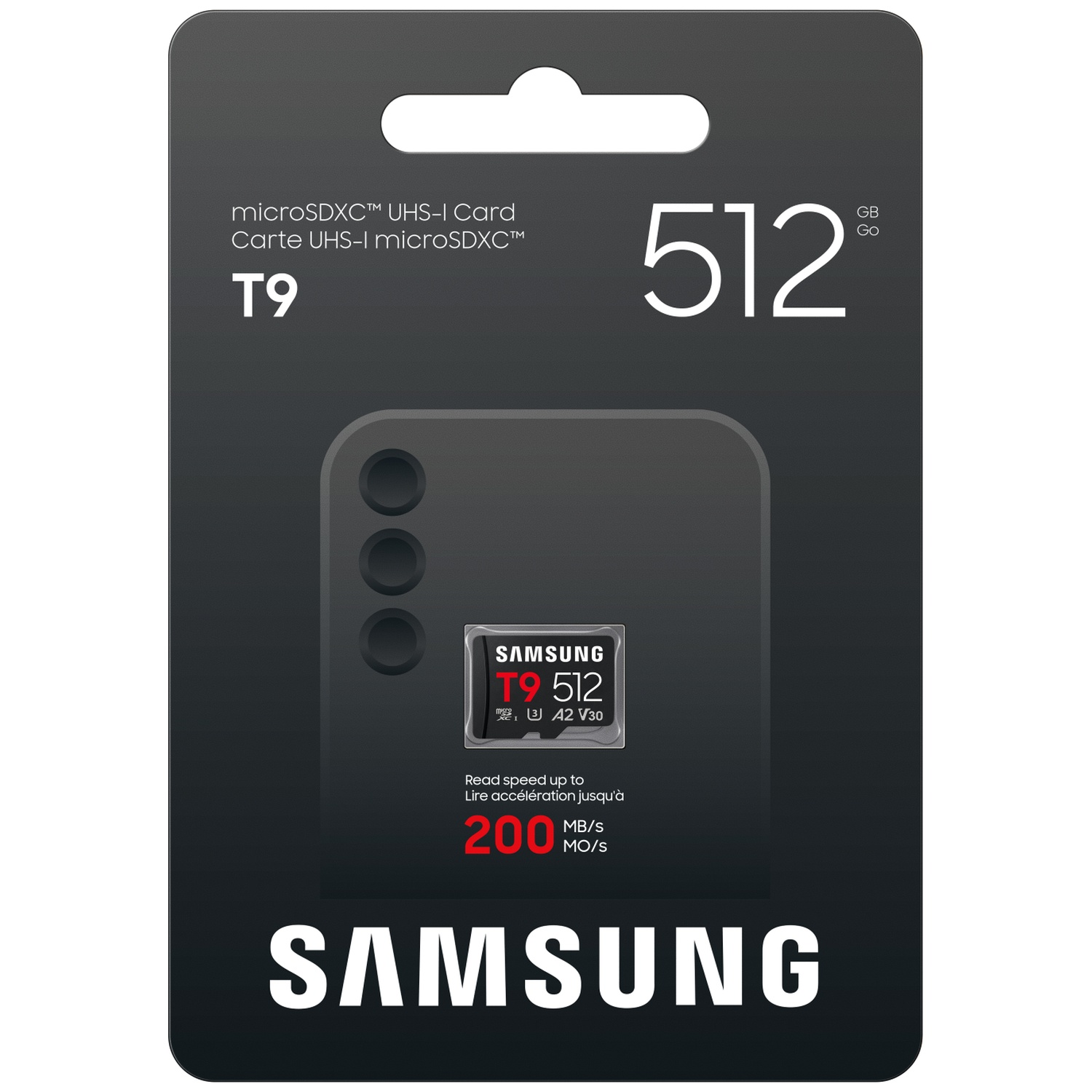 Emballage de carte microSDXC UHS-I Samsung 512 Go T9 avec informations de vitesse.