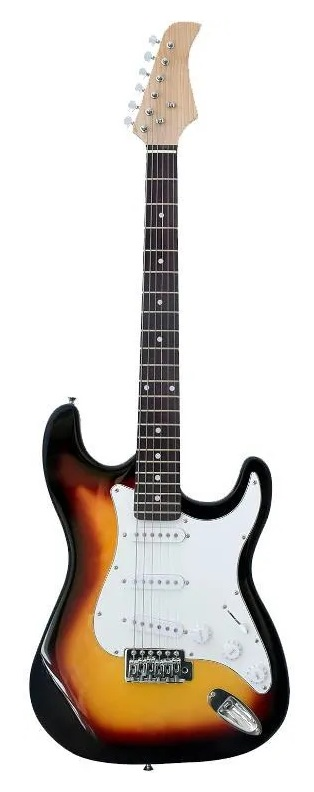 Gitara elektryczna w kolorze sunburst, z białym pickguardem i chromowanym osprzętem.