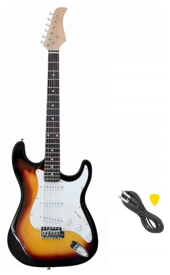 Gitara elektryczna z kablem i kostką na białym tle.