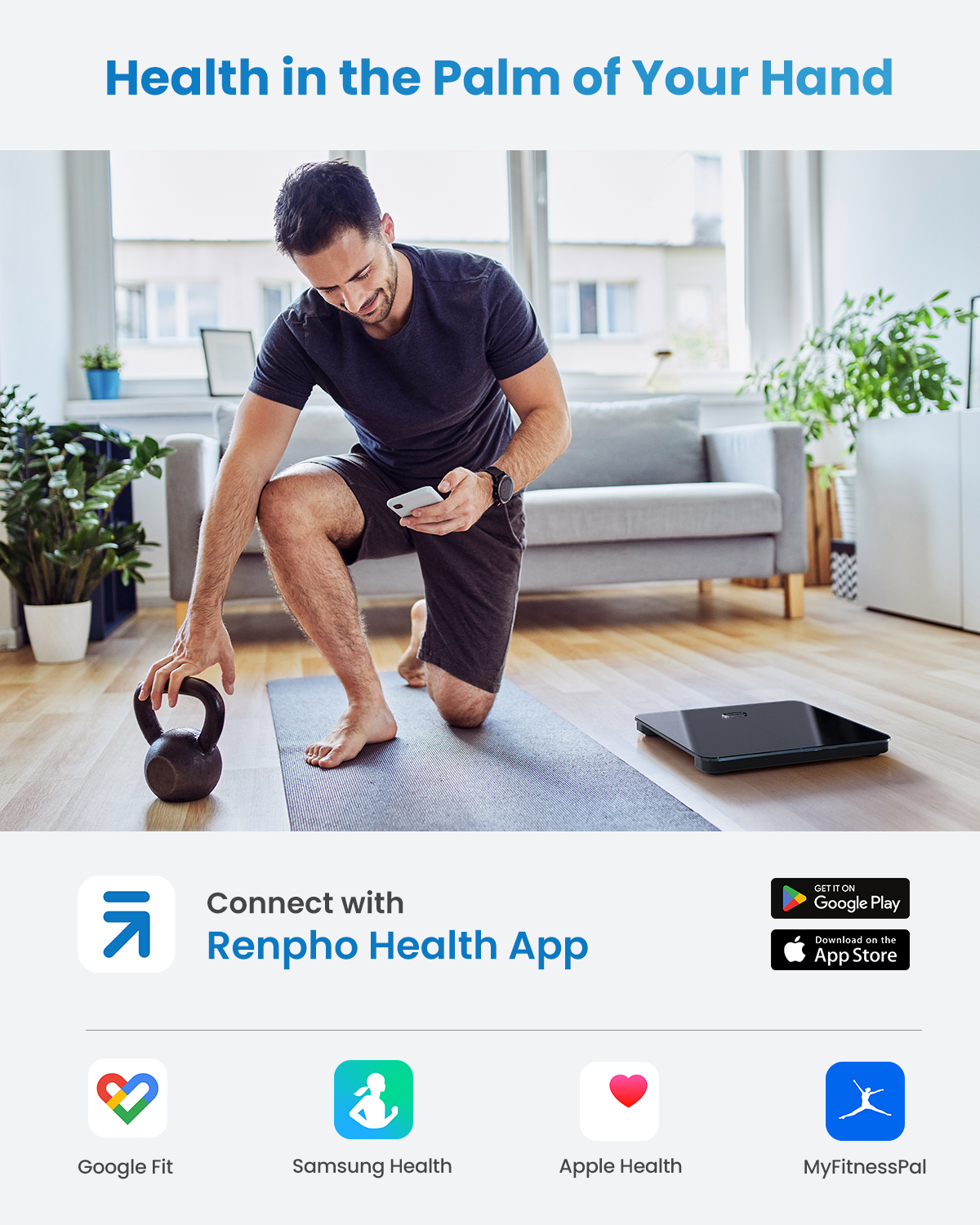 Férfi kettlebellel és okostelefonnal mérleg és app logók mellett.