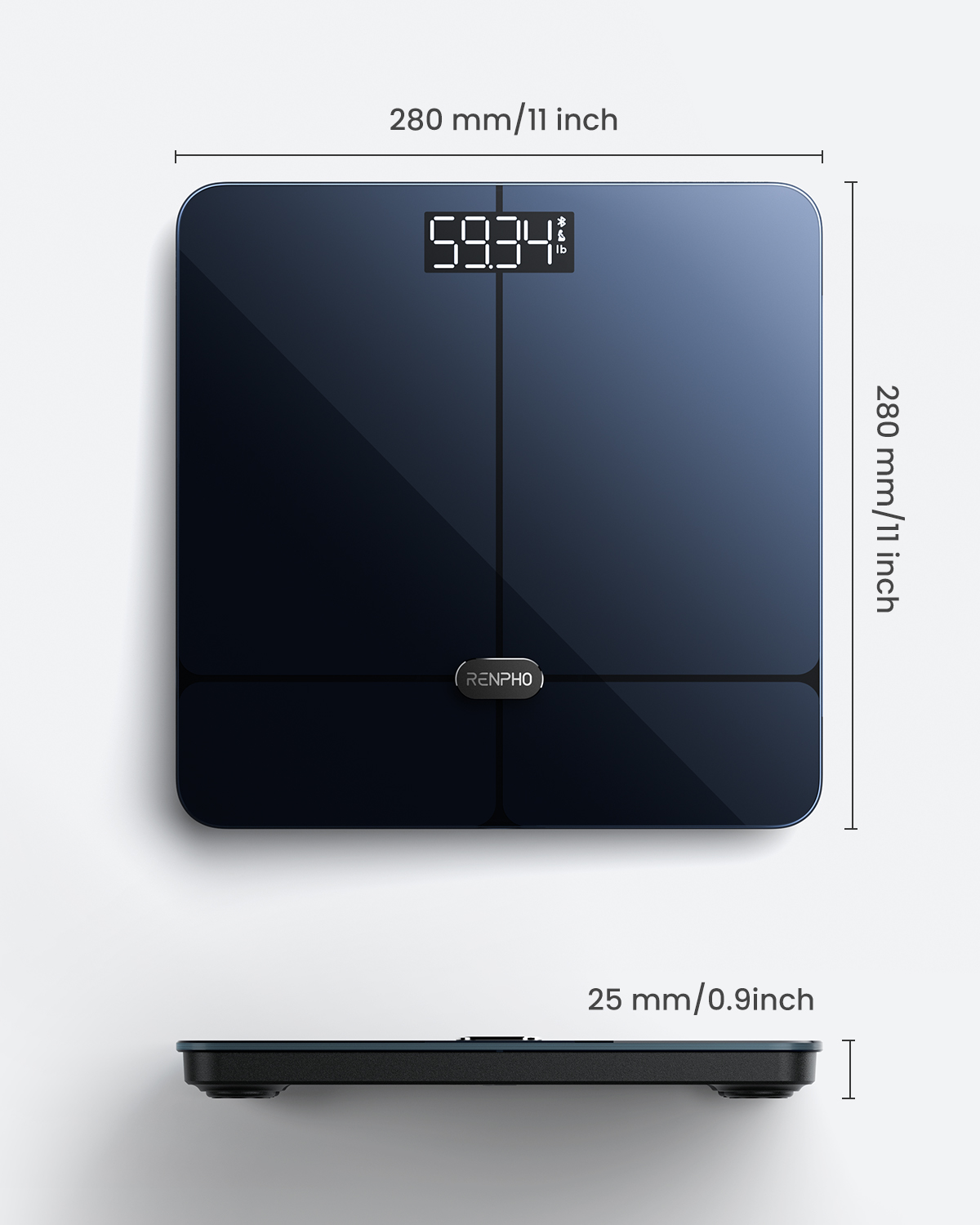 Sötétkék digitális mérleg 59,34 fontot mutat. Méretek: 280 mm/11 hüvelyk.