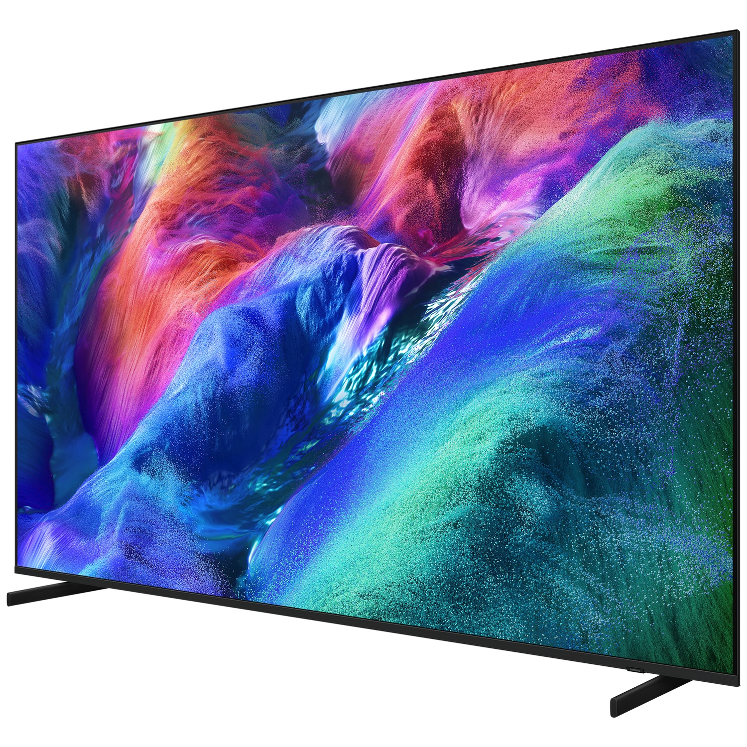 A large, modern black TV displays a colorful, abstract image with blues, purples, and reds.