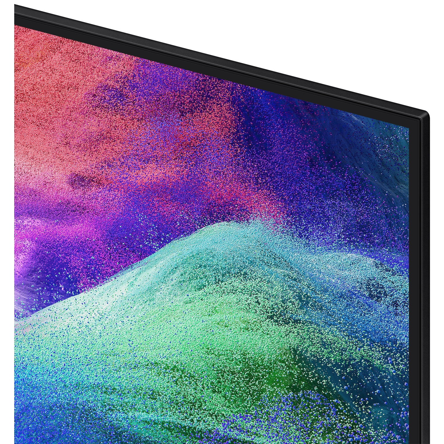 Abstract display of red, purple, blue, and green particles with bubbles.