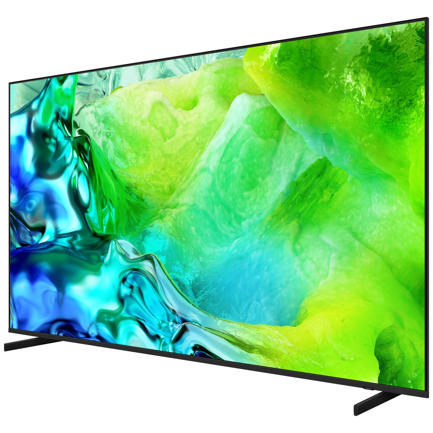 A sleek black television displaying a colorful image of green and blue organic shapes.