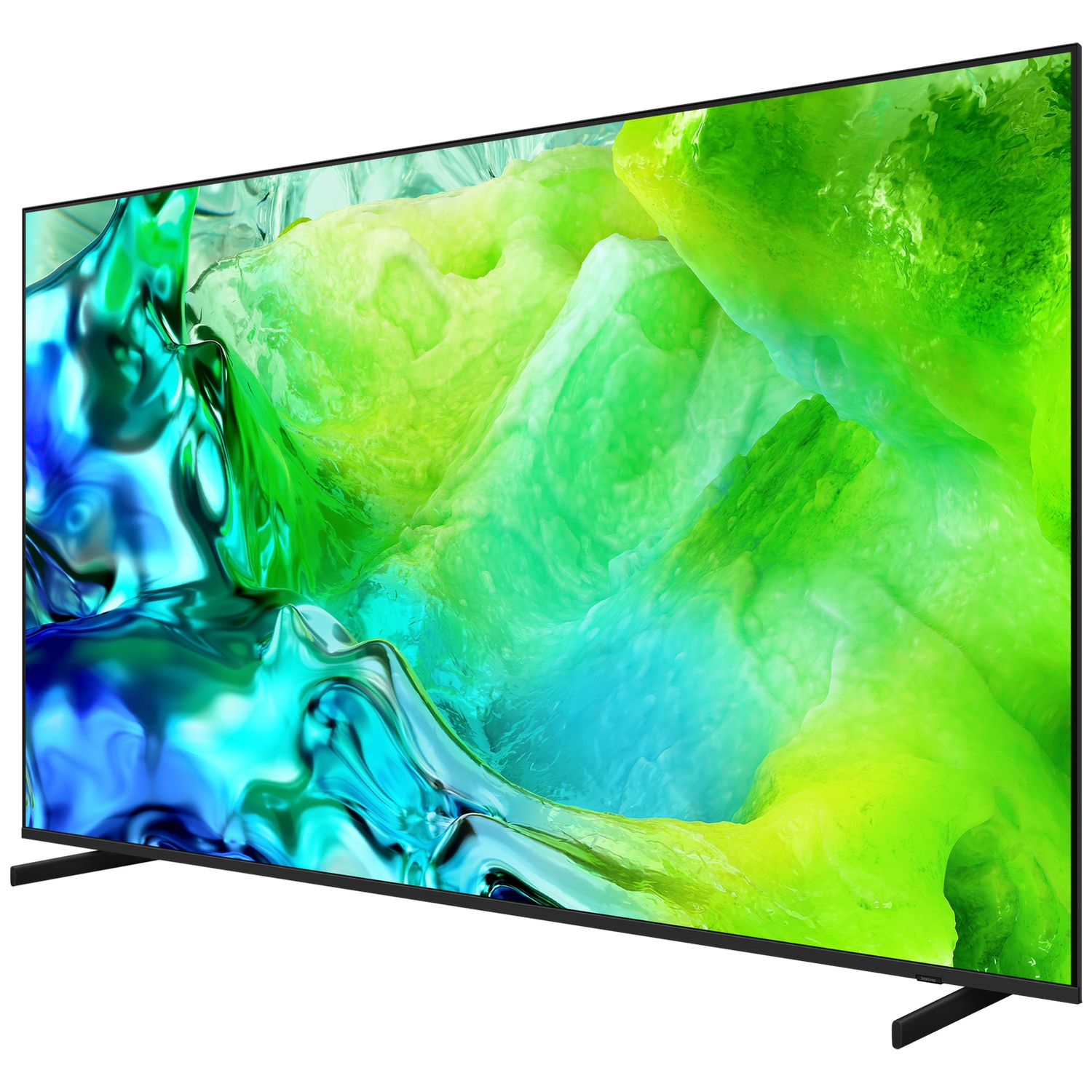A modern black television displaying an abstract green and blue image on its screen.