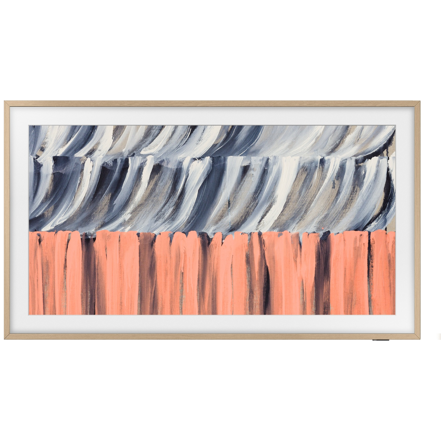 Abstract painting with coral and grey brushstrokes in a wooden frame.