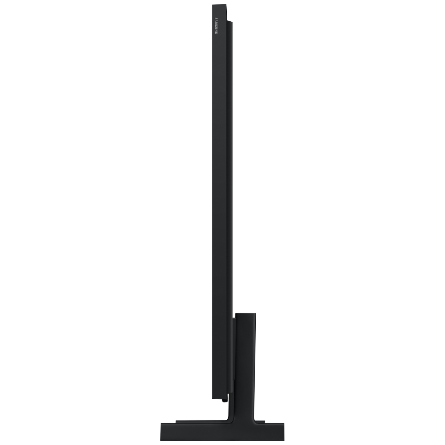 A black Samsung television stands on a base against a white background.