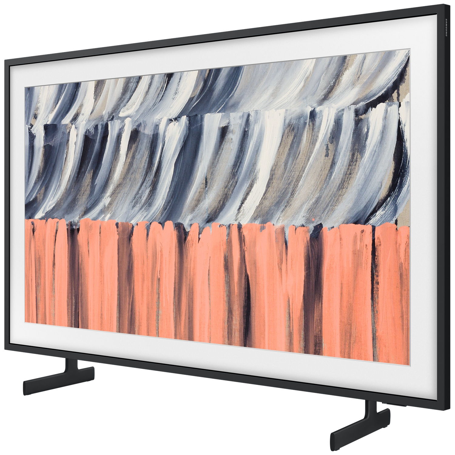 A modern black TV displaying an abstract painting of orange and grey brush strokes.