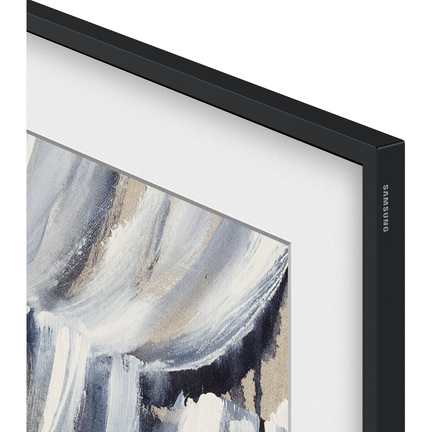 A modern black TV frame displaying abstract art in gray and blue tones.