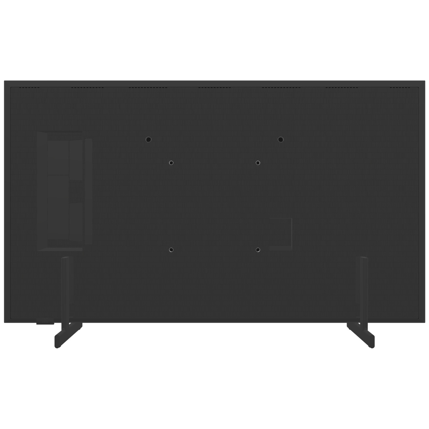 Back of a black television with two feet stands and wall mount points.