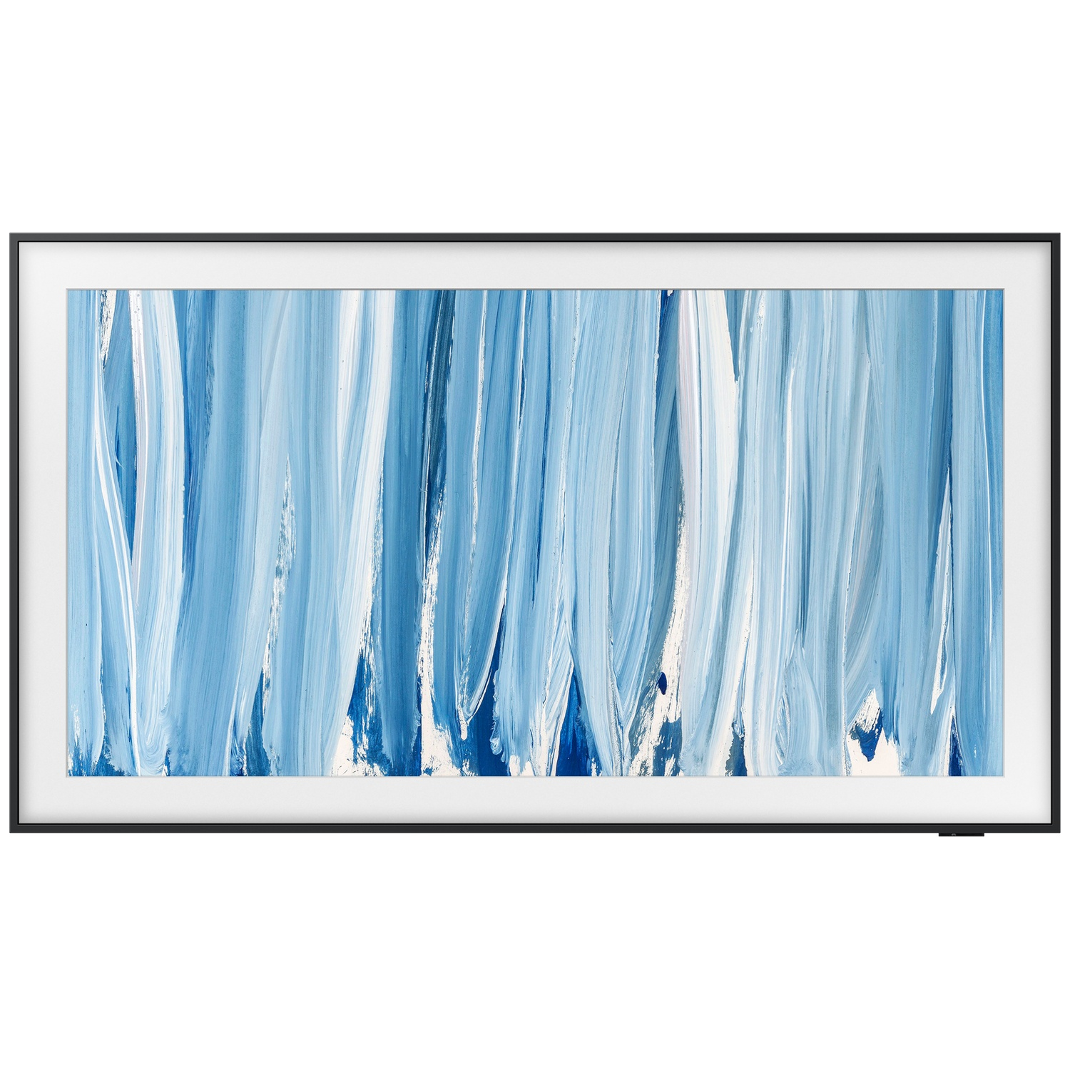 Abstract blue and white brushstrokes, vertical on a white background.