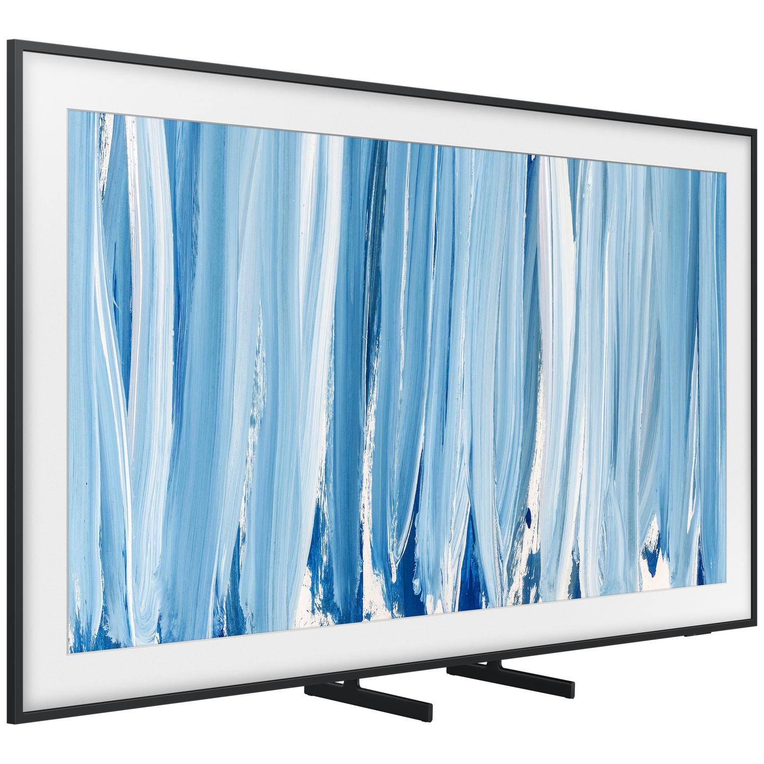 A black TV on a stand displays a blue and white abstract painting of vertical streaks.