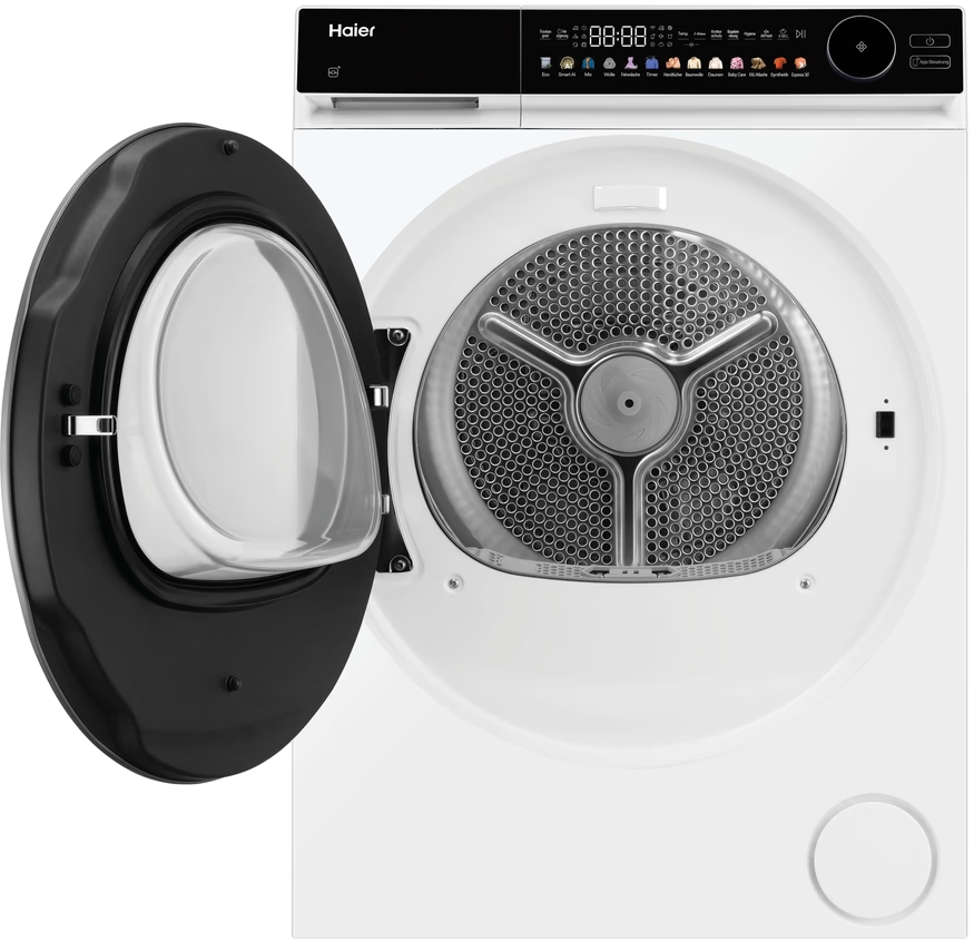 Ein weißer Haier Trockner mit offener Tür, zeigt Trommel und Bedienfeld.