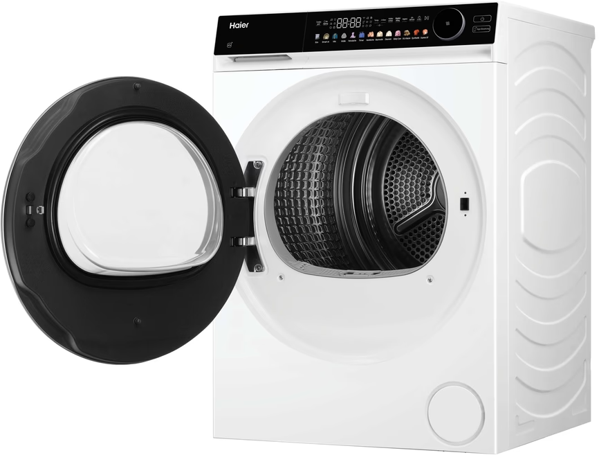 Eine weiße Haier-Waschmaschine mit geöffneter schwarzer Tür und sichtbarer Trommel.