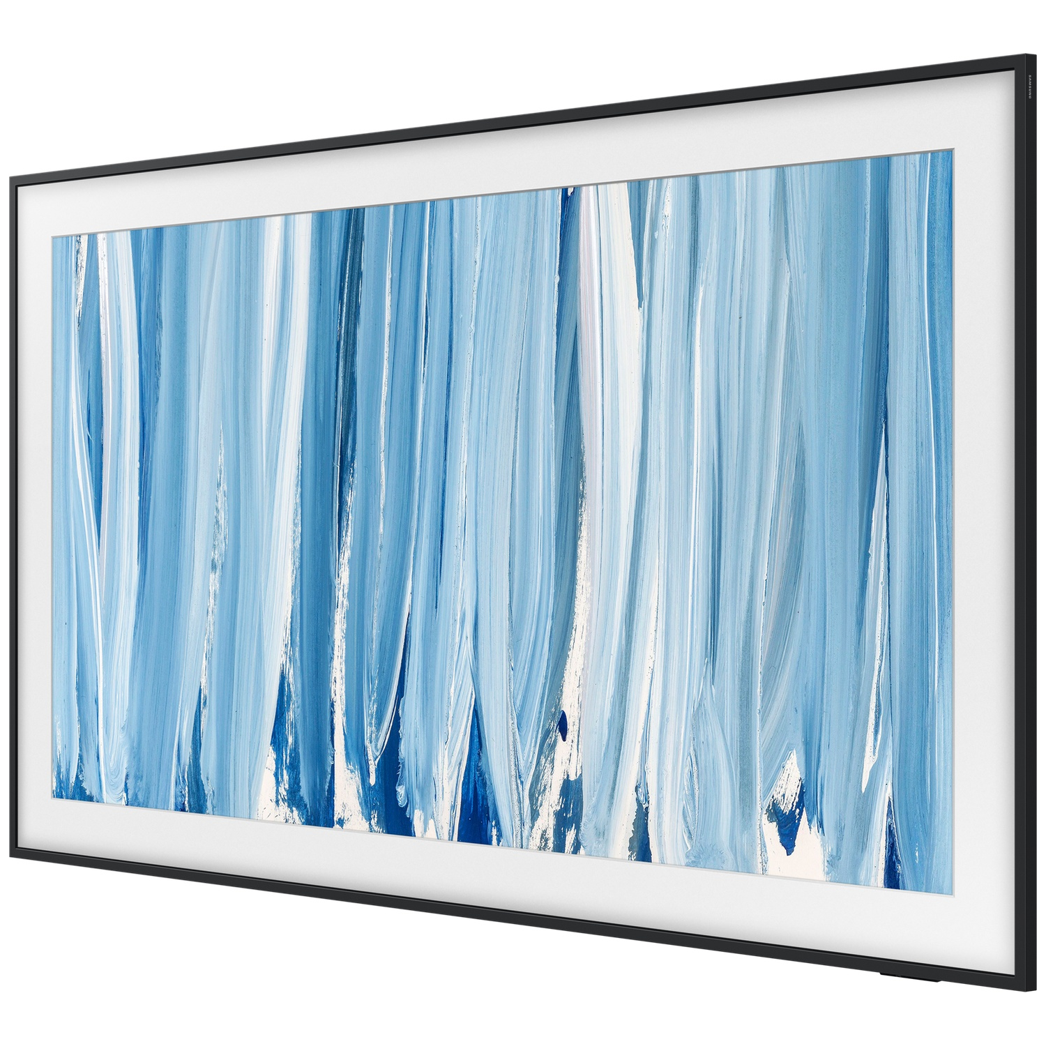 Abstract blue and white brush strokes on a television screen.