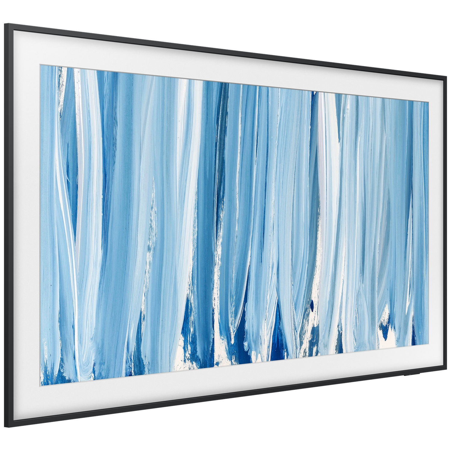 A black frame surrounds a painting of blue and white brushstrokes.