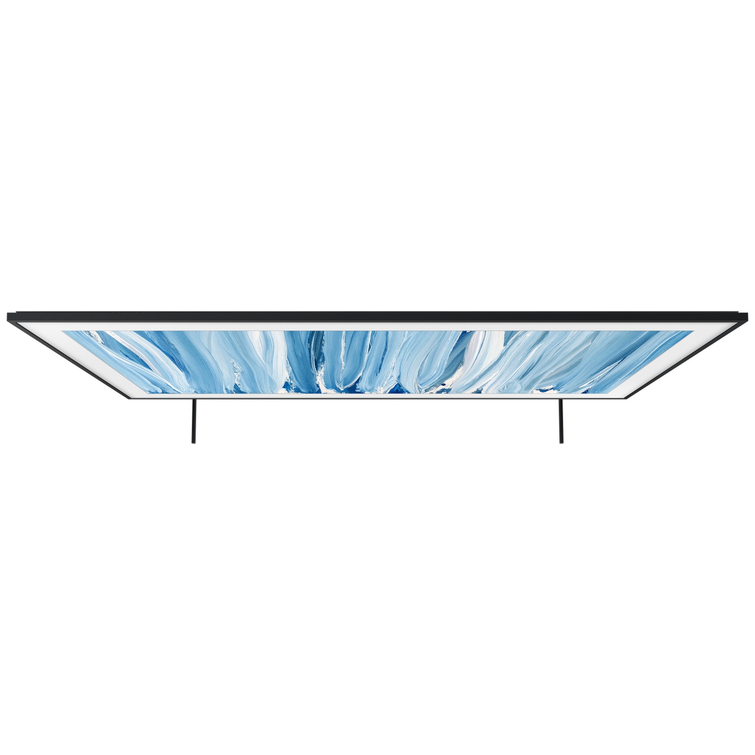 A modern television displaying abstract blue artwork on its screen.
