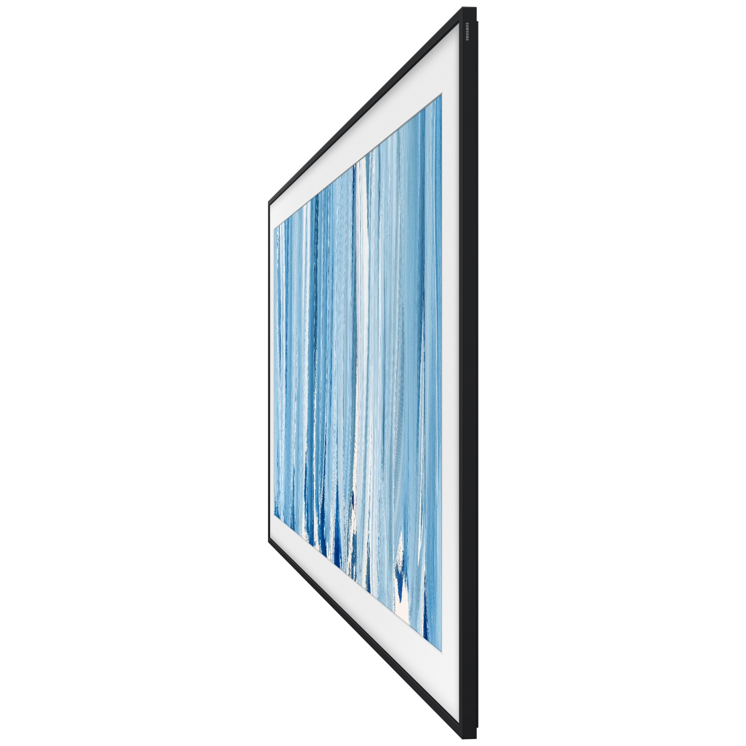 A slim black television featuring abstract blue and white artwork.