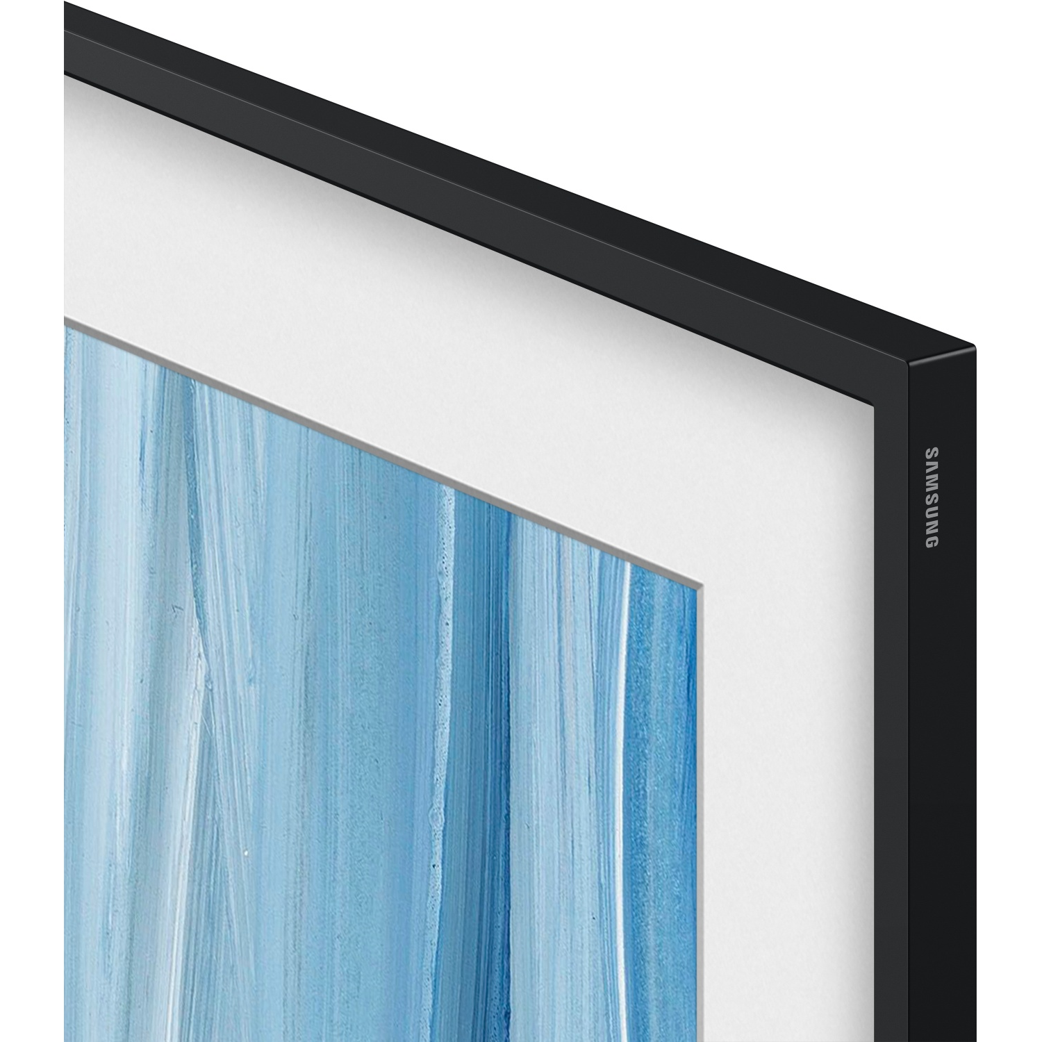 A black Samsung TV displaying an abstract blue painting.