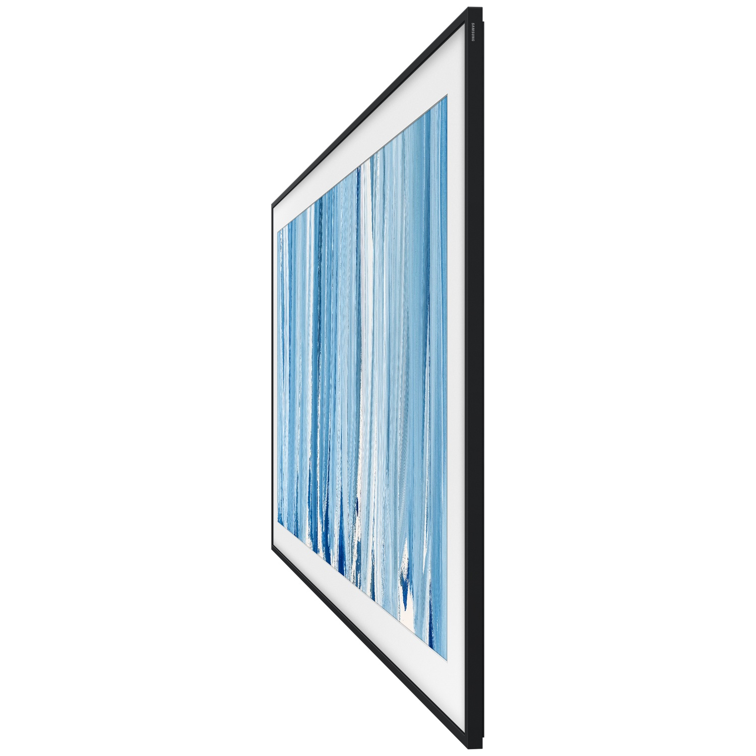 A slim TV with a black frame displays an abstract painting in shades of blue.
