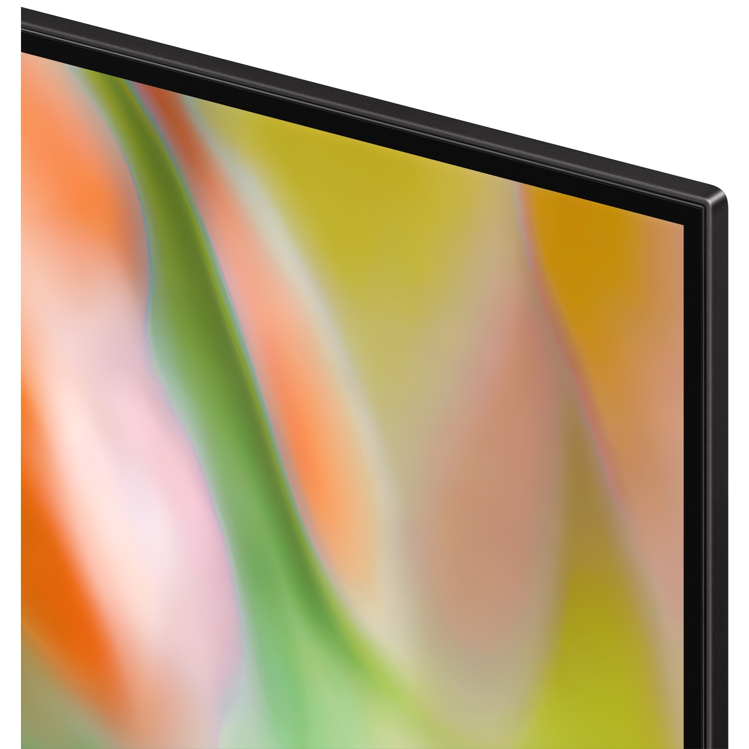 Close-up of a black TV frame with an abstract, blurred background of orange, green, and yellow.