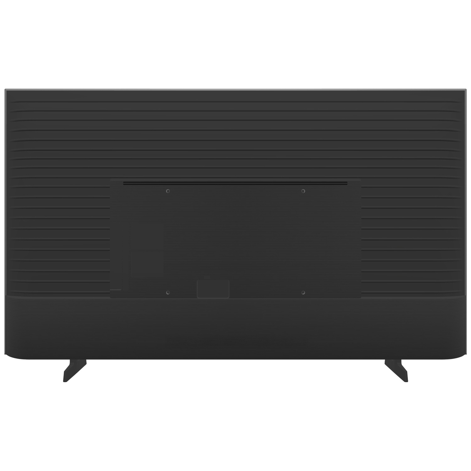 Back view of a black television with horizontal grooves and two stand feet.