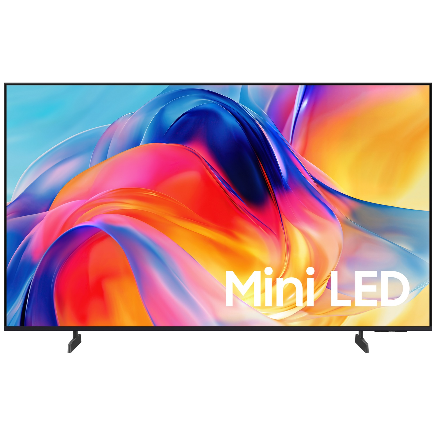 A modern TV displaying a colorful abstract screensaver with the text "Mini LED".