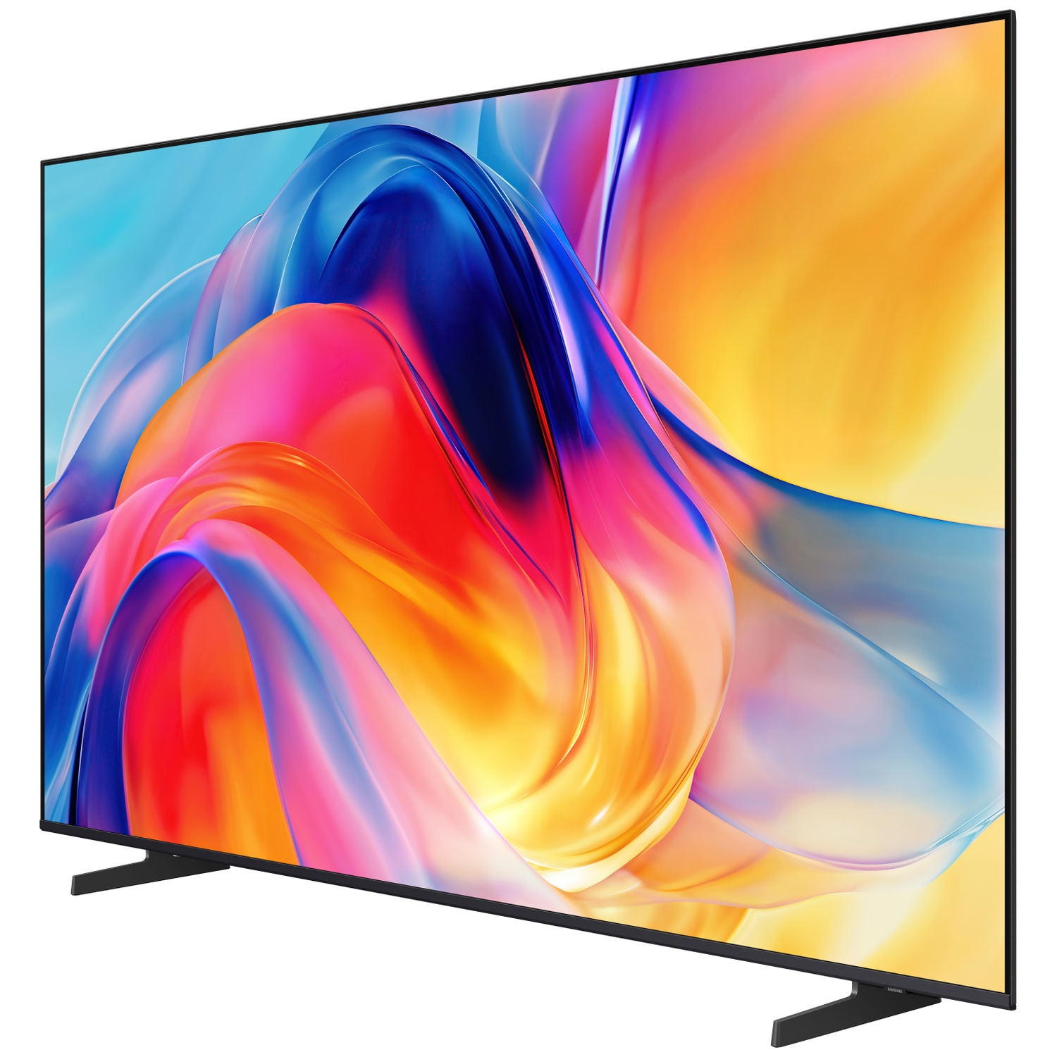 A modern television displaying a vibrant, abstract colorful screen.