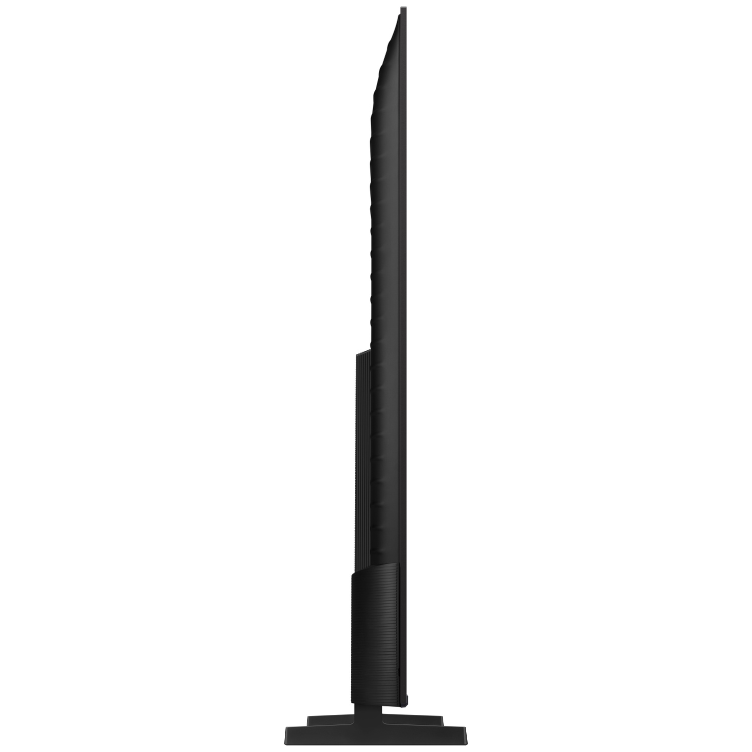 Black flat screen television shown from the side with a black stand.