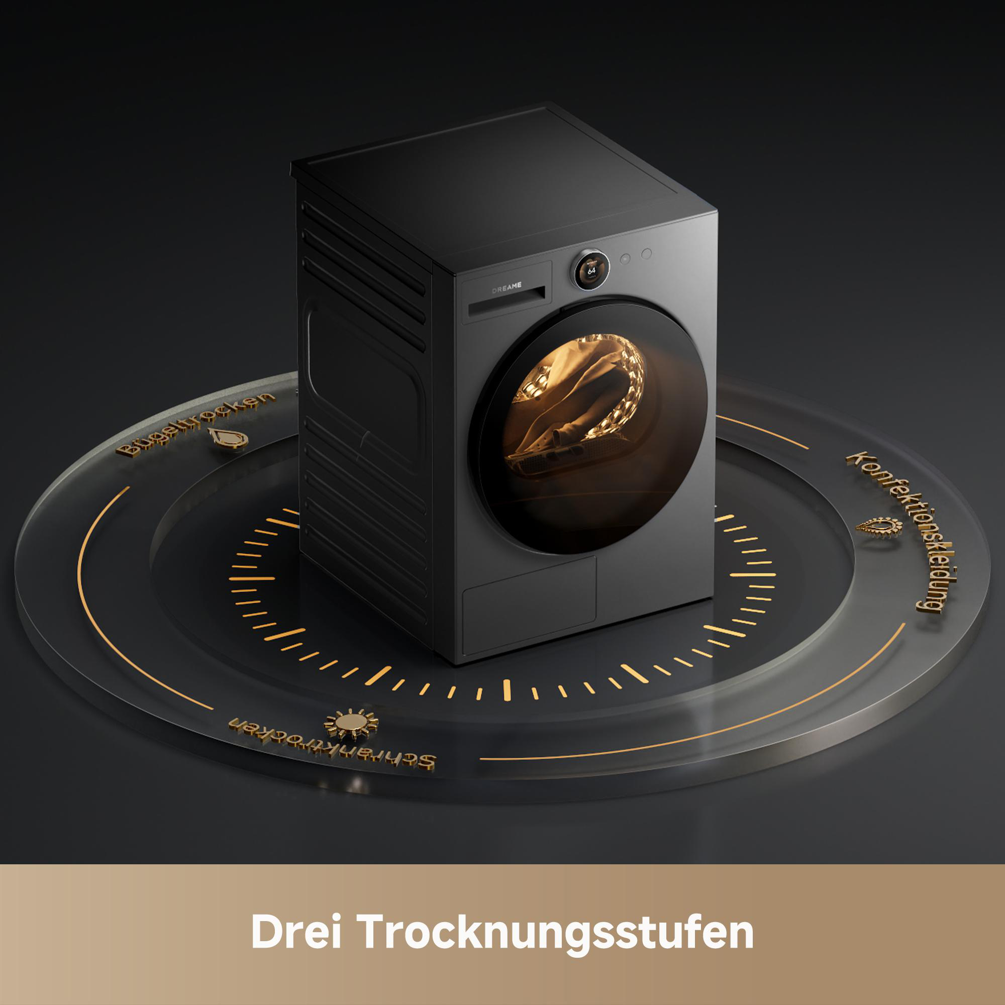 Ein schwarzer Wäschetrockner mit runder Tür, der auf einem Sockel mit Trocknungsstufen steht.