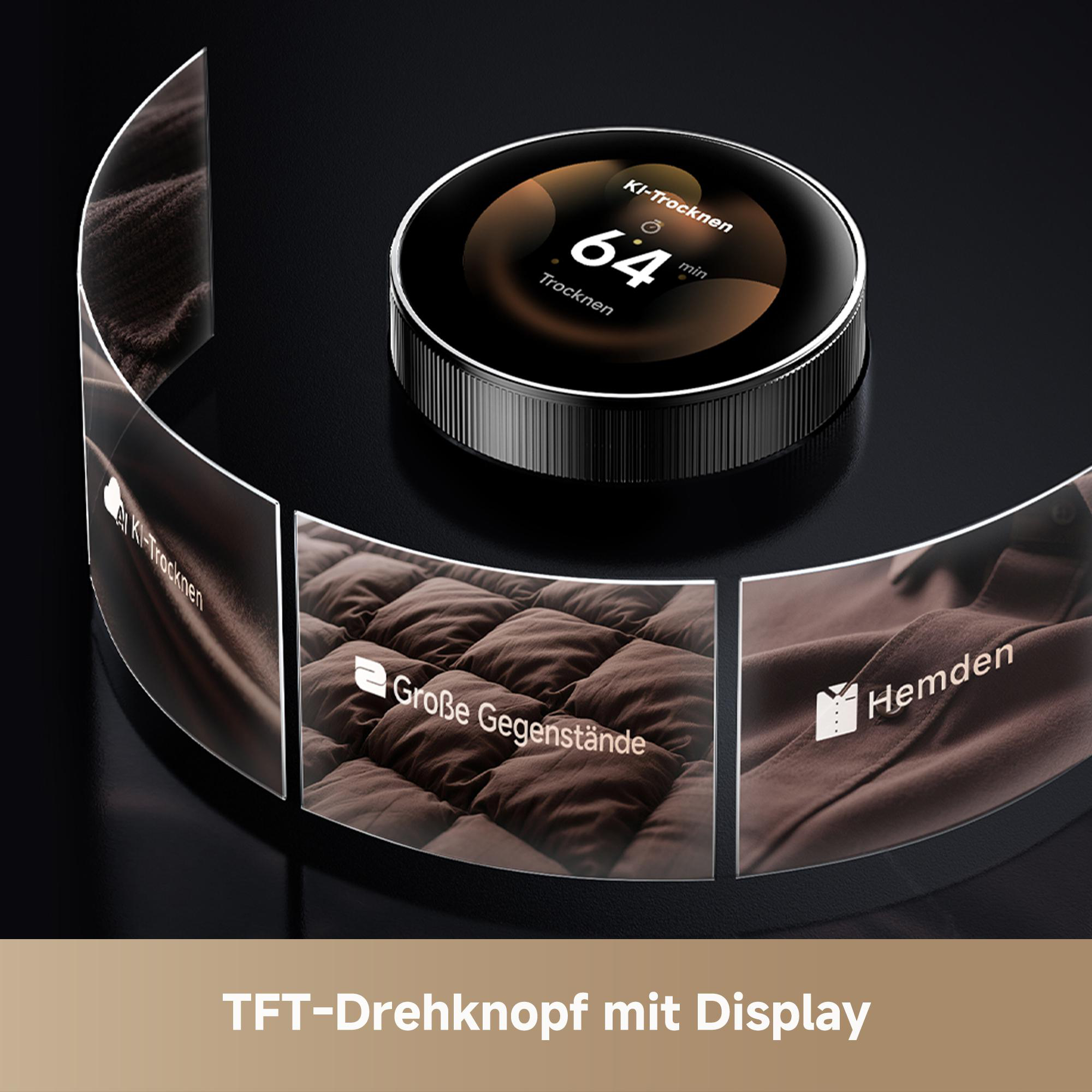 TFT-Drehknopf mit Display zeigt 64 min KI-Trocknen, Große Gegenstände, Hemden.