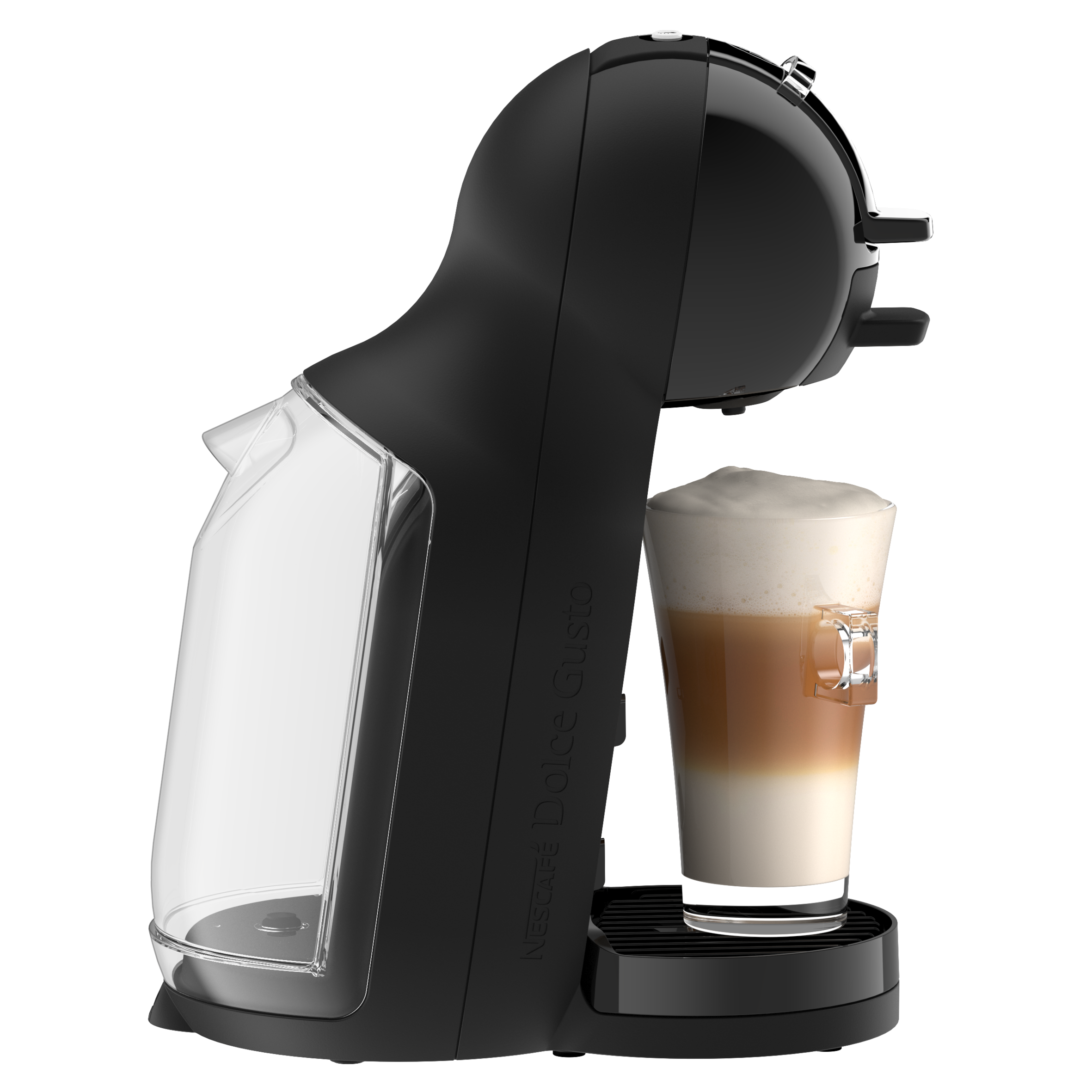 Cafetera negra con un vaso de latte macchiato, sobre fondo negro.