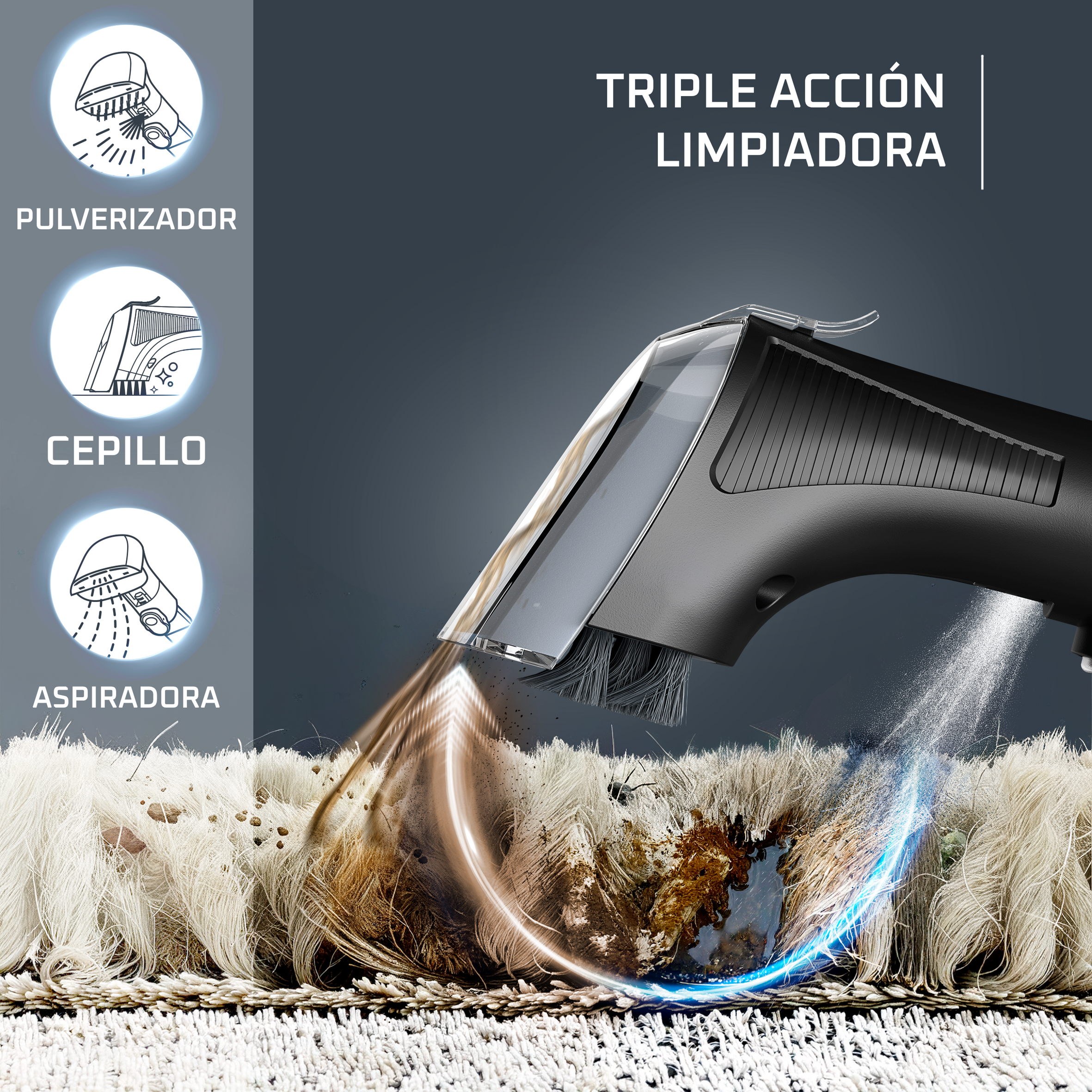 Triple acción limpiadora: rociar, cepillar y aspirar sobre alfombra sucia.