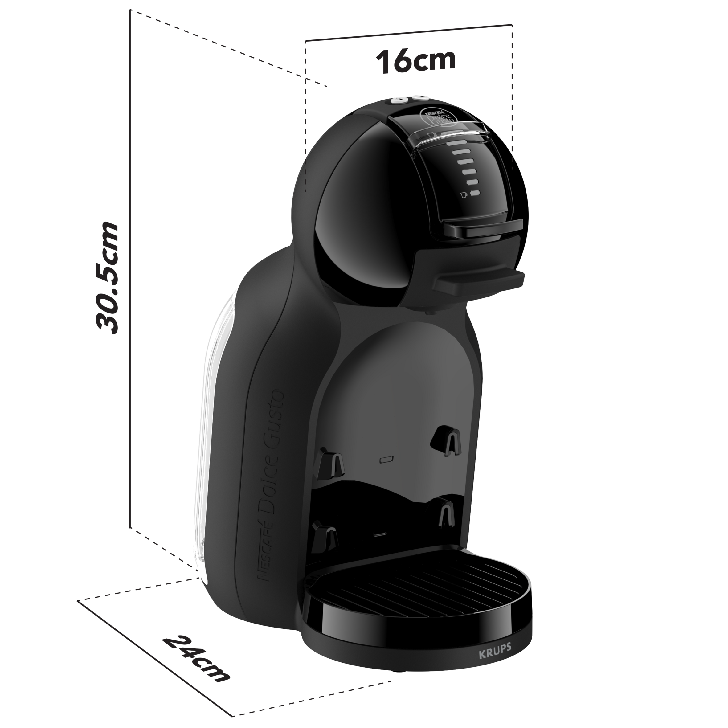 Cafetera negra con logo Nescafé Dolce Gusto, medidas 30.5x16x24cm.