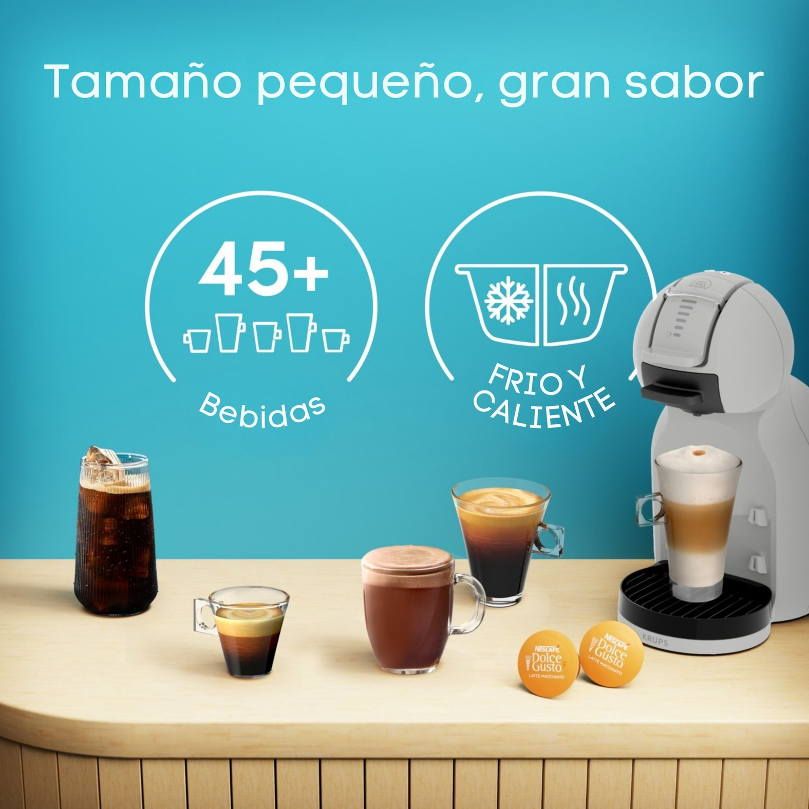 Tamaño pequeño, gran sabor. 46+ bebidas. Frio y caliente.