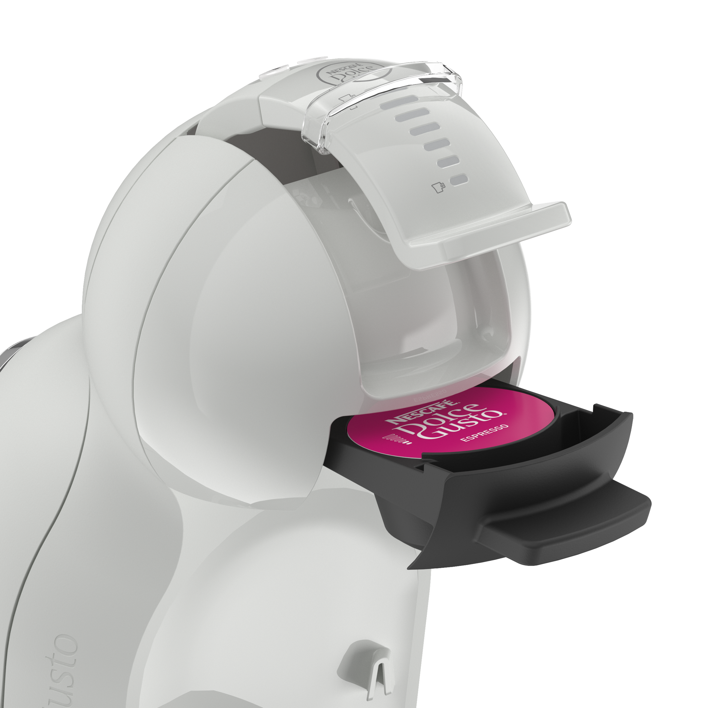 Cafetera blanca con cápsula rosa Dolce Gusto en el cajón.