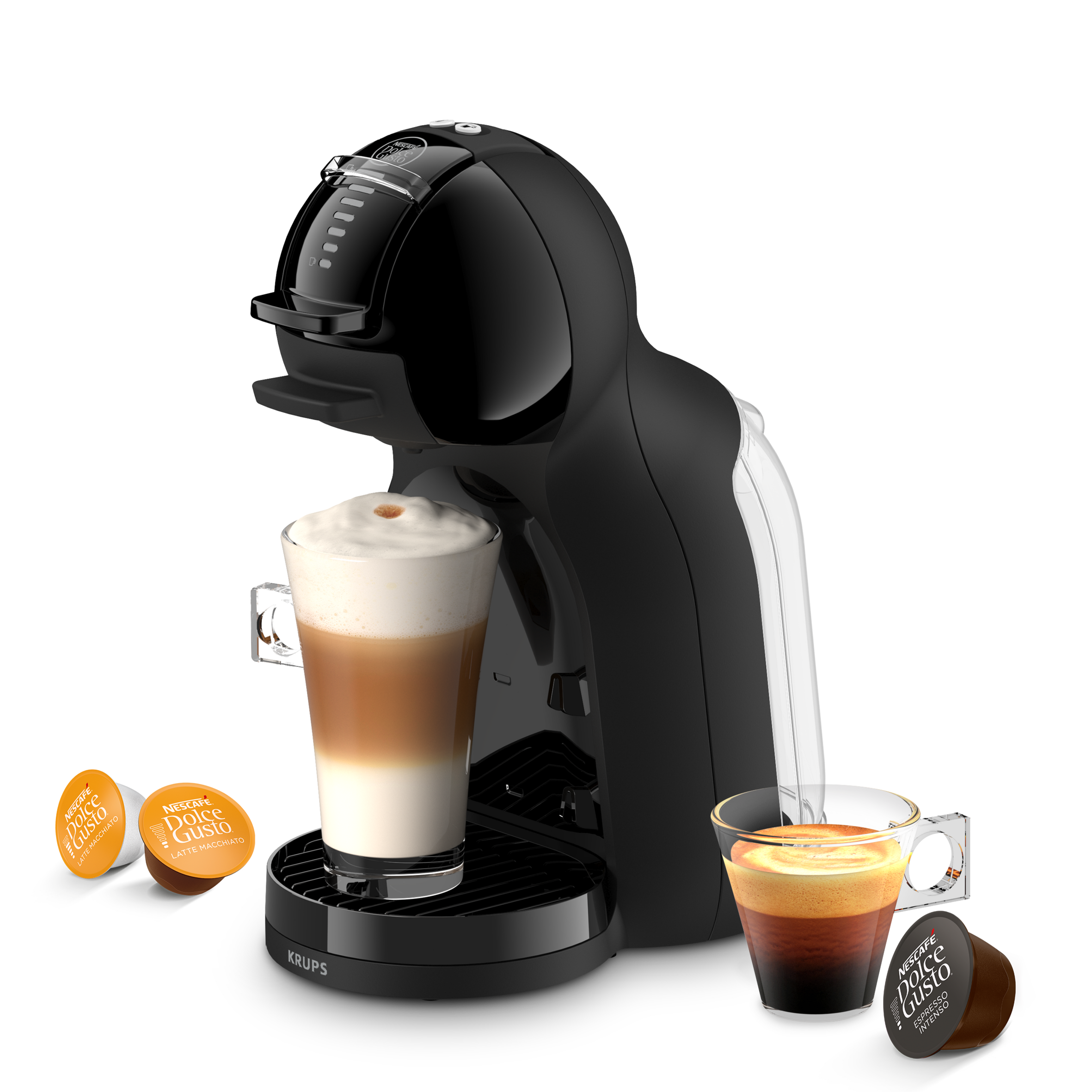 Una cafetera negra con dos tazas de café y cápsulas.