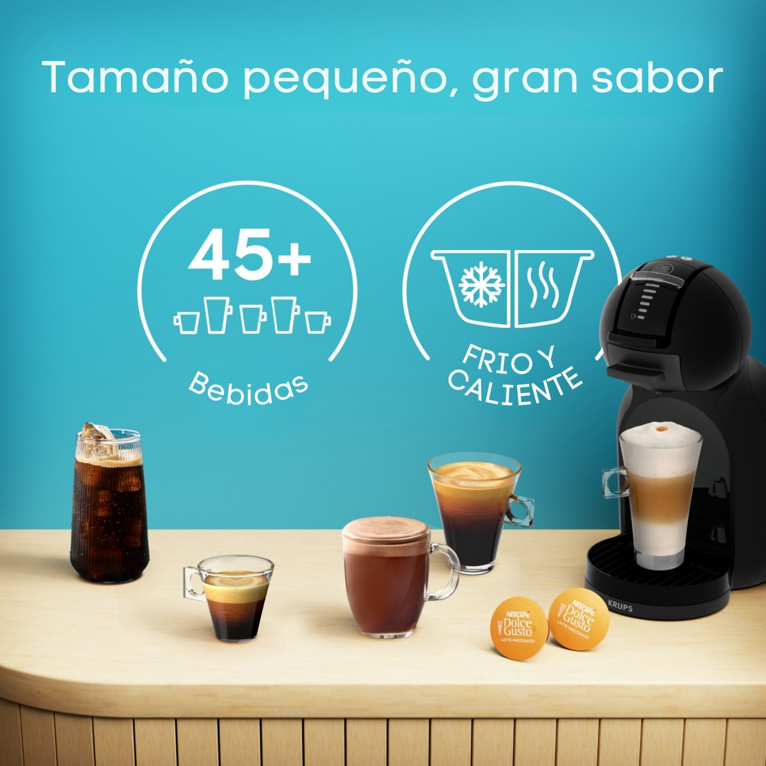 Tamaño pequeño, gran sabor. 45+ bebidas. Frio y caliente.