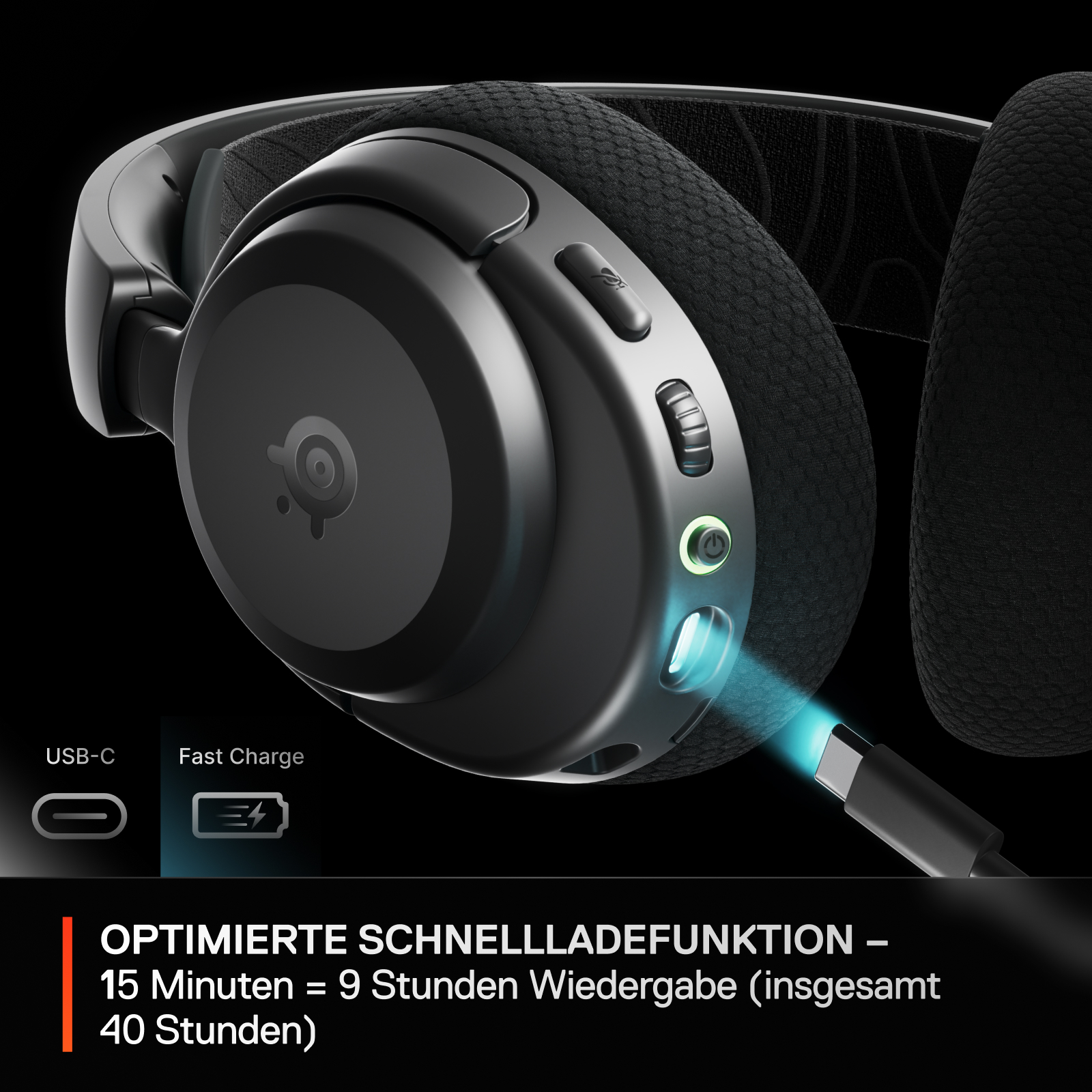 Schwarzer Kopfhörer mit USB-C-Ladekabel und Schnellladeanzeige.